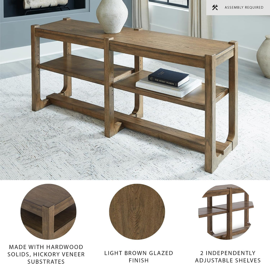 Signature Design by Ashley Cabalynn Farmhouse Sofa Table with 2 Adjustable Shelves, Light Brown