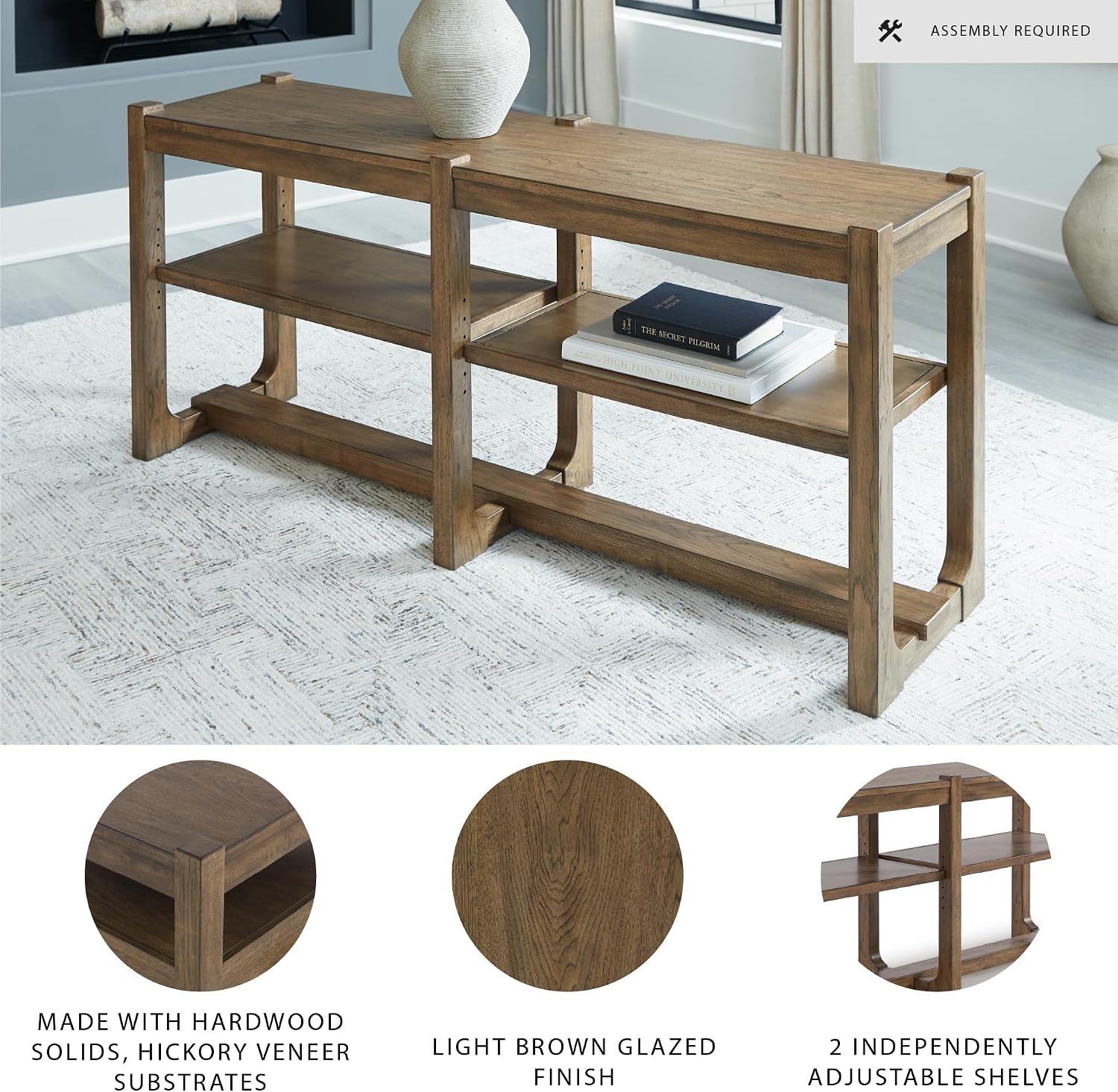Signature Design by Ashley Cabalynn Farmhouse Sofa Table with 2 Adjustable Shelves, Light Brown