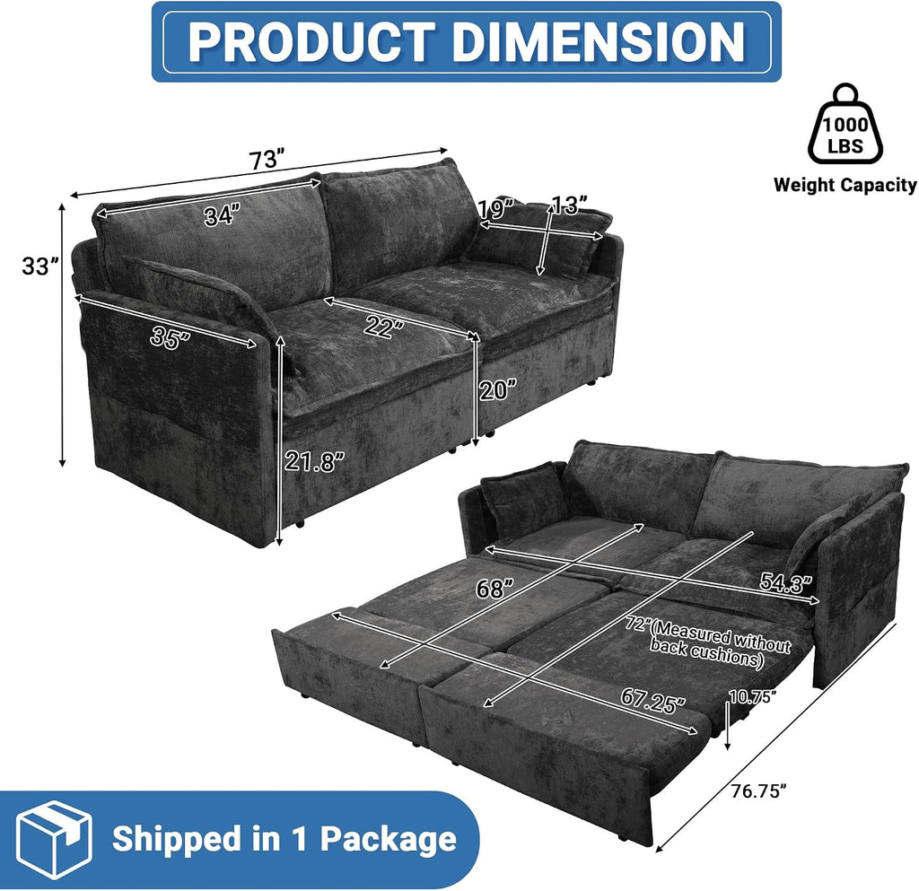 73' Sleeper Sofa Bed, 3-in-1 Pull Out Couch with USB/Type-C Charging & Side Pockets, Convertible Chenille Loveseat Chaise Lounge, Space-Saving Sofa for Living Room, Black