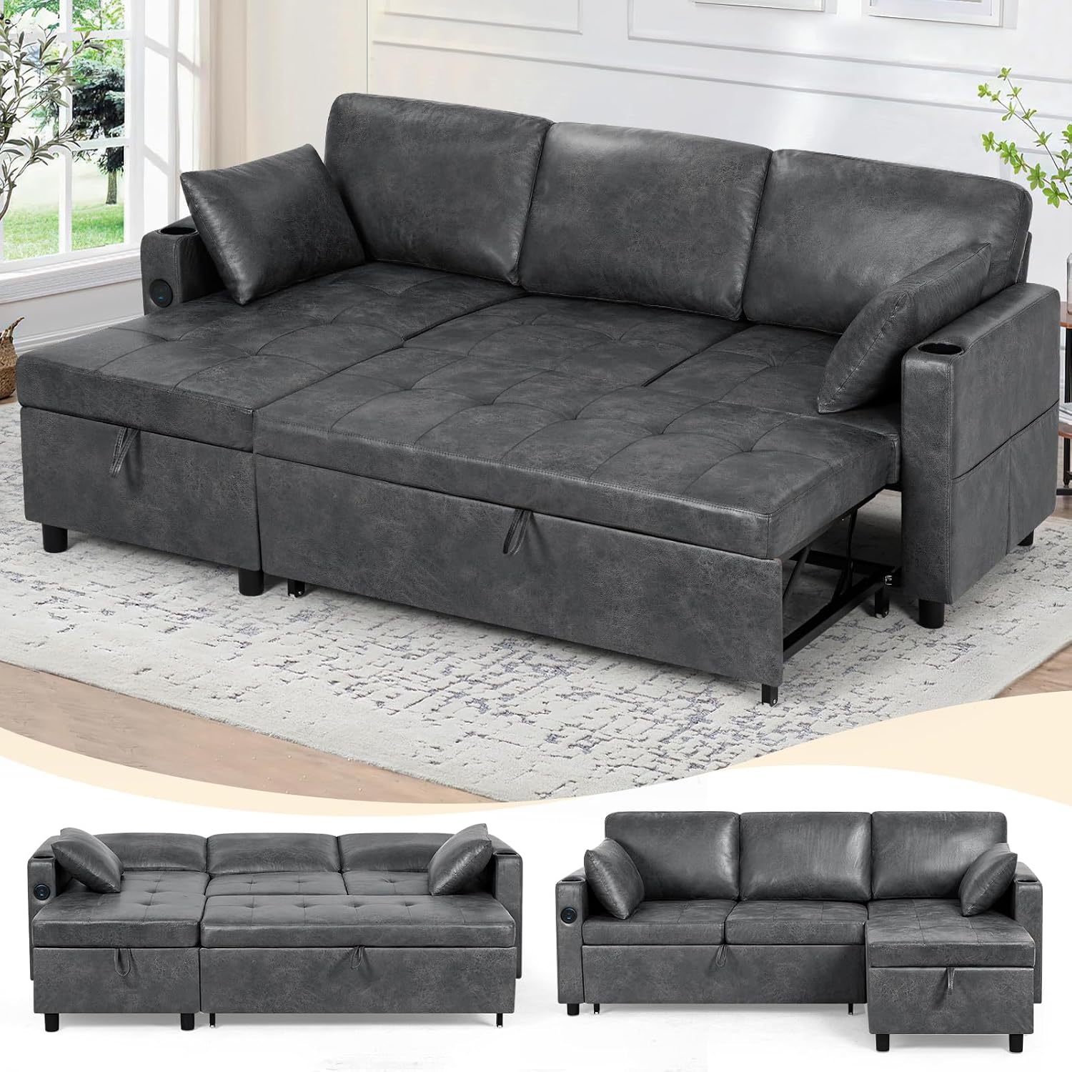 84 inches Suede Leather Sleeper Sofa w/Pull Out Bed, L-Shape Sectional Sofa Bed w/Adjustable Backrest and Storage Chaise, 3-Seats Upholstered Sofa Bed w/USB Port for Living Room, Grey