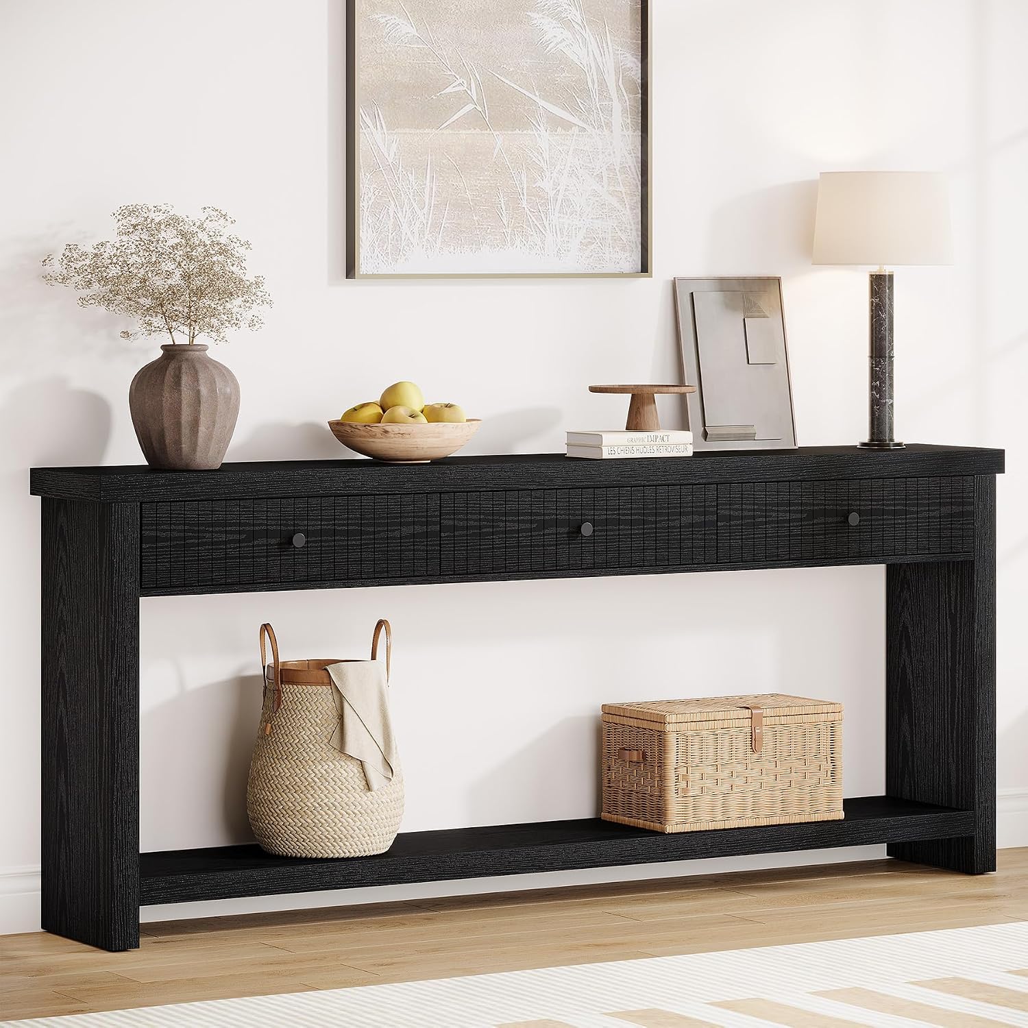 Tribesigns 70.9-Inch Extra Long Entryway Table with 3 Drawers, Sofa Console Table with Open Storage Shelves, Wooden Couch Foyer Tables for Living Room Hallway Entrance, Black