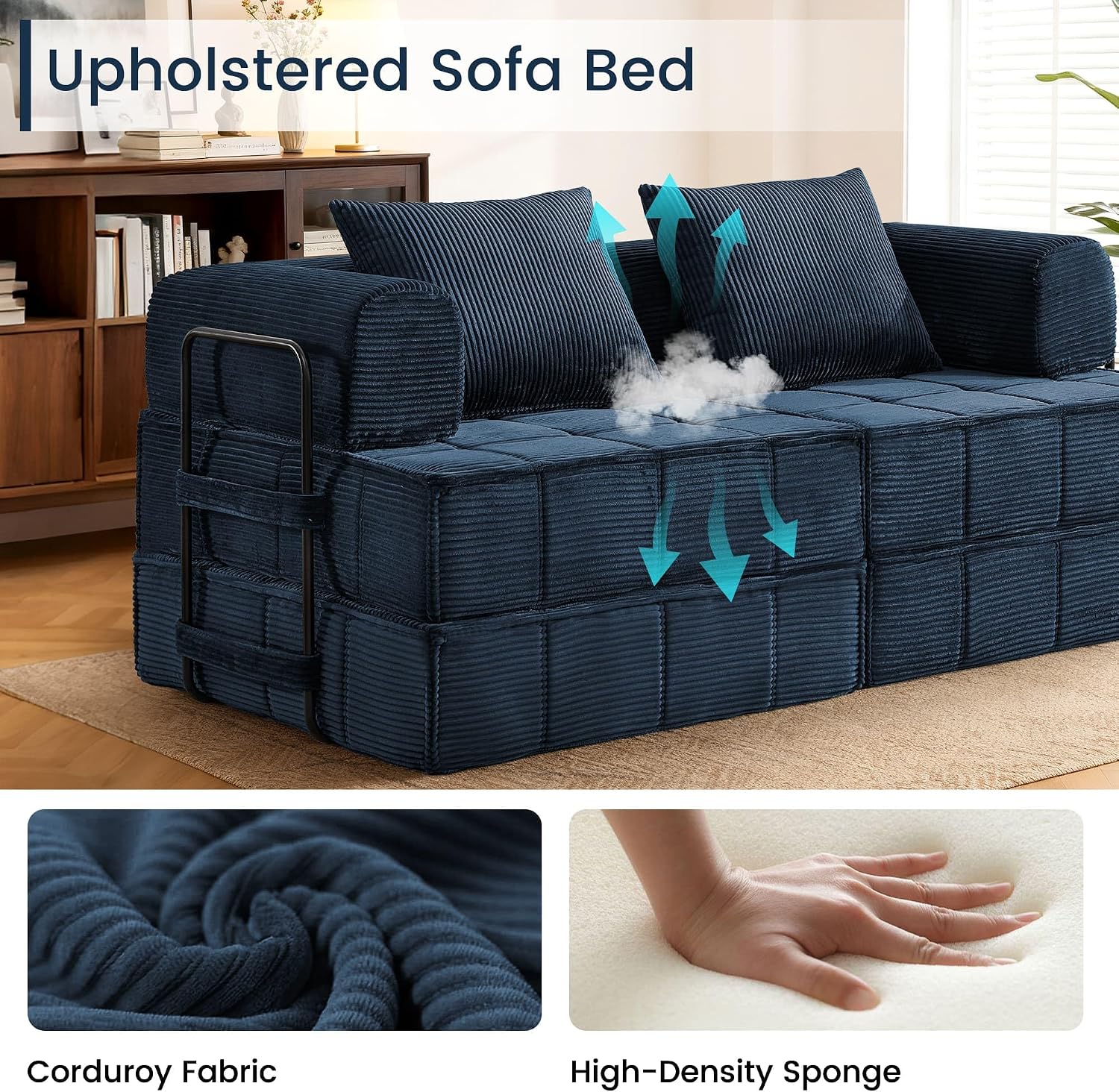 Korser Folding Convertible Sofa Bed, Corduroy Upholstered Boneless Couch, Small Sectional Cloud Couch, Loveseat Sleeper Sofa, Modular Futon Floor Sofa Couch for Living Room Bedroom Lounge, No Assembly