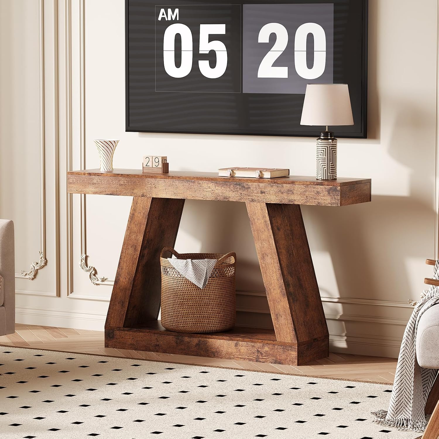 55 Inches Console Table, Sofa Table Behind Couch, 2-Tier Wooden Entry Tables for Entryway Foyer Hallway, Industrial Console Tables with Open Storage Shelf for Living Room