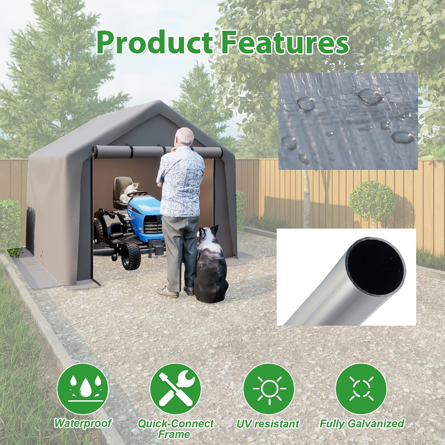 8x8 ft Storage Tent with Roll up Doors, Outdoor Portable Shelter Shed Garage Tent Carport, Waterproof Snowproof for Lawn Mower, Bike, Motorcycleand, Gray