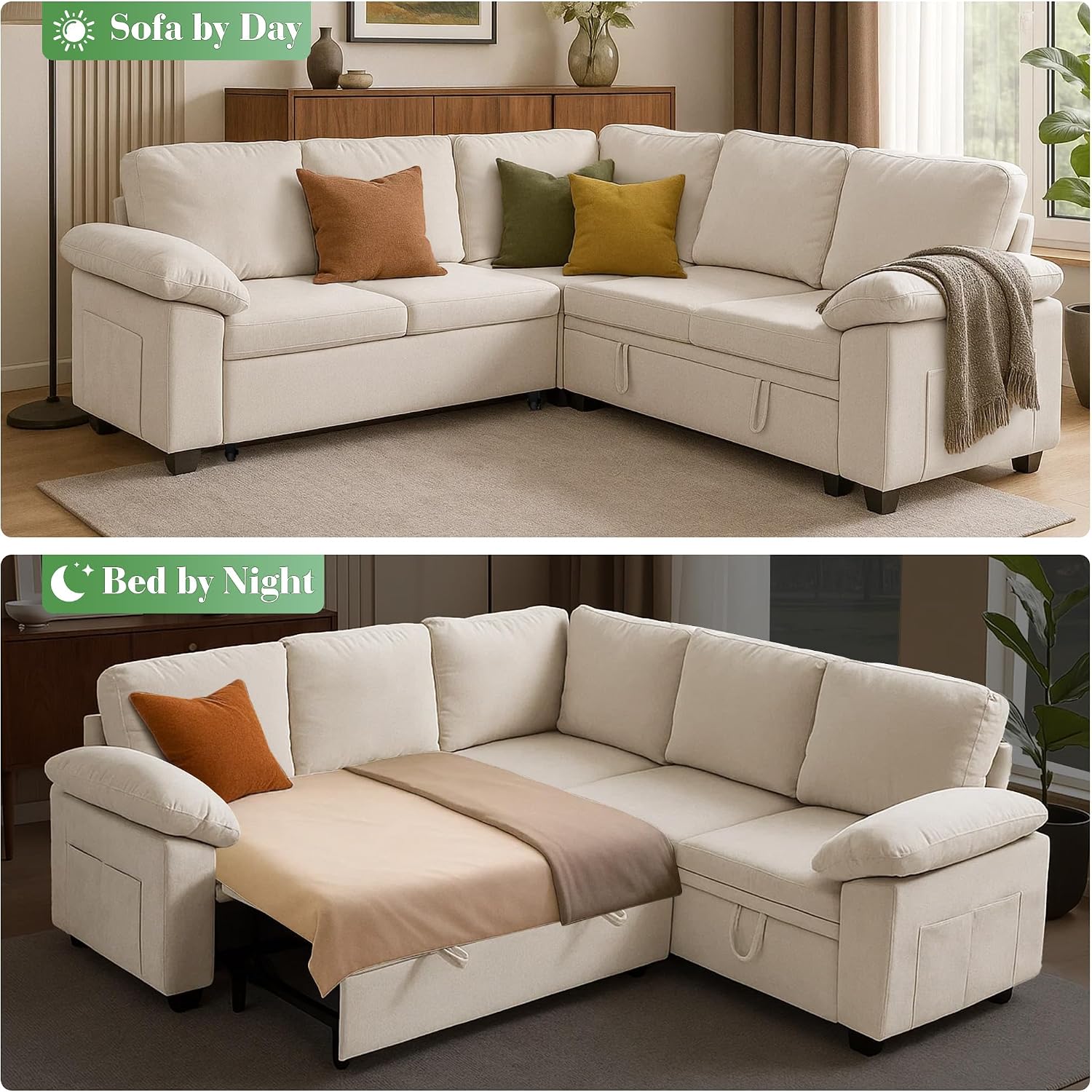 Modular Sectional Sofa with Pull Out Bed Sleeper Sofa L Shaped with Storage, Sectional Couch for Living Room Convertible Sofa Bed with Removable Sofa Cover(5 Seats Beige)