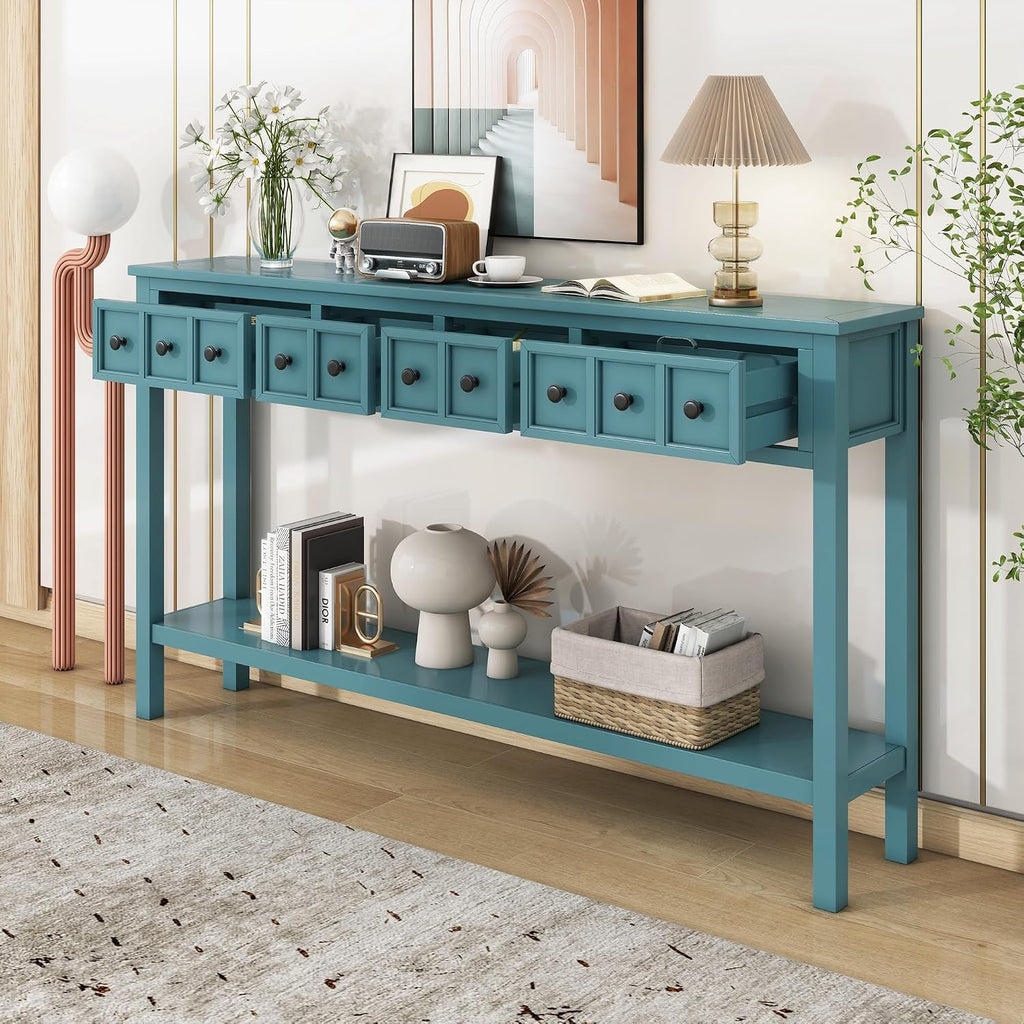 Merax Farmhouse Entryway Console Table with Storage Drawers, Long Sofa Table Behind Couch with 4 Drawers and Open Shelf, Hallway Tables for Living Room, Turquoise Green