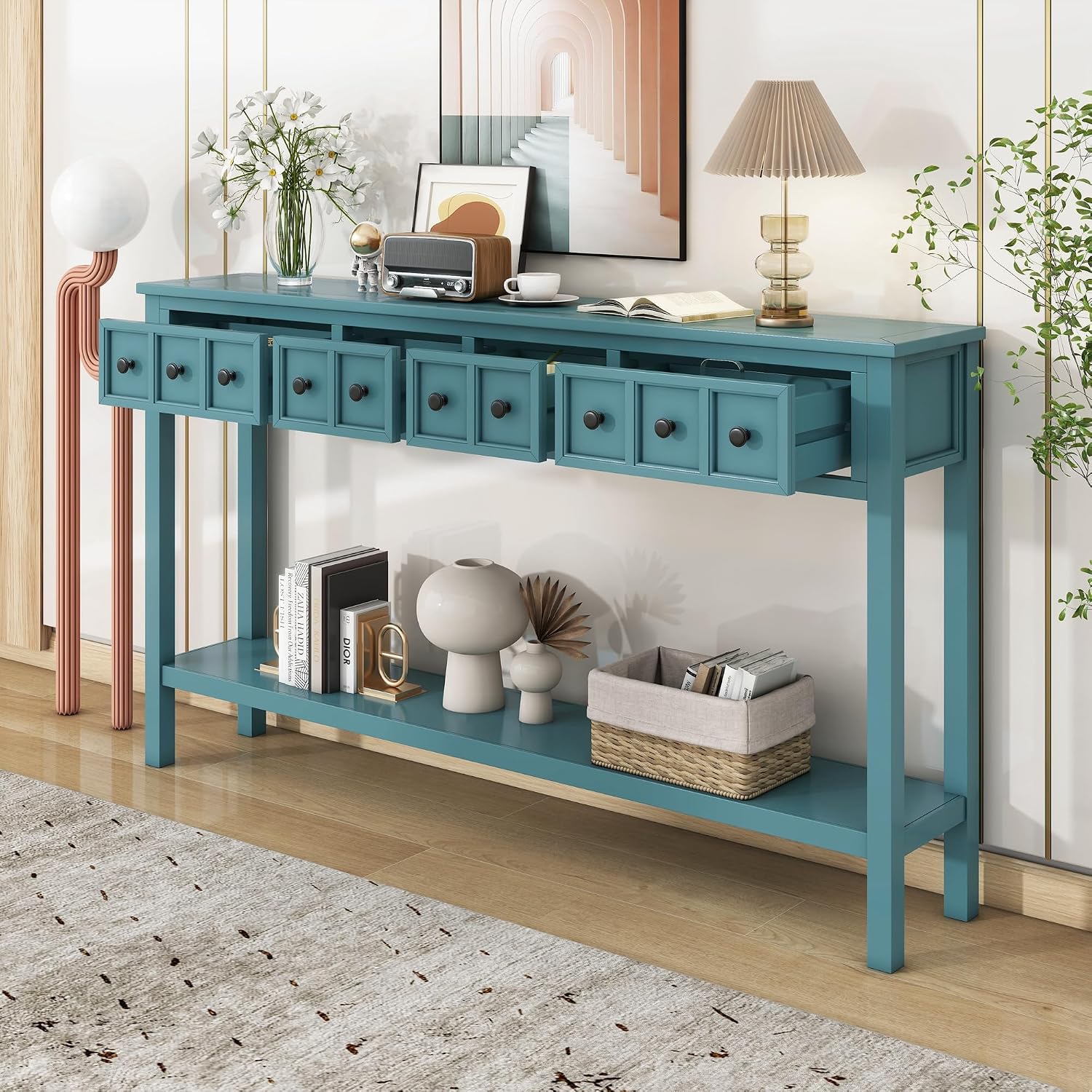 Merax Farmhouse Entryway Console Table with Storage Drawers, Long Sofa Table Behind Couch with 4 Drawers and Open Shelf, Hallway Tables for Living Room, Turquoise Green