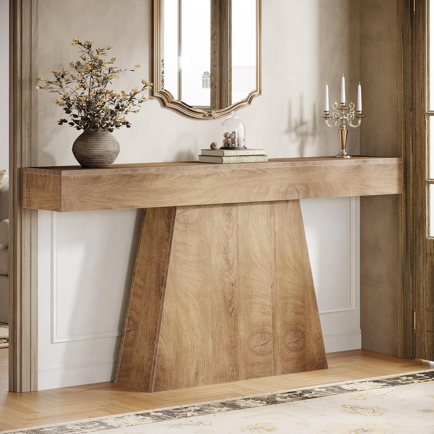 Tribesigns 63' Console Table, Farmhouse Entryway Table with Trapezoidal Base, Narrow Long Wood Sofa Table Behind Couch Table for Entrance, Hallway, Living Room, Natural