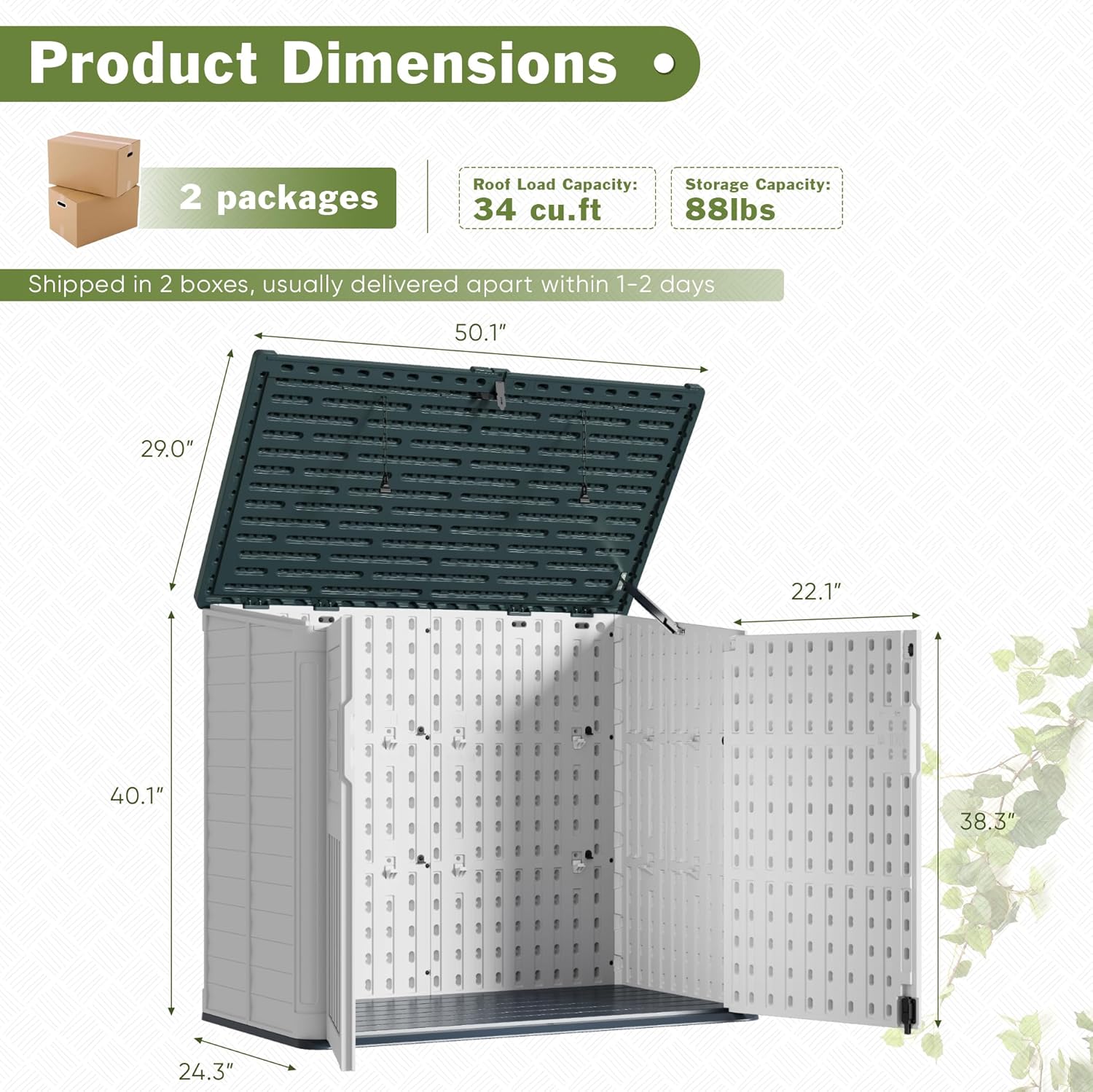 JUMMICO Resin Outdoor Storage Shed, 34 Cu Ft Horizontal Storage Cabinet for Trash Cans, Garden Tools, Pool Supplies (Beige)