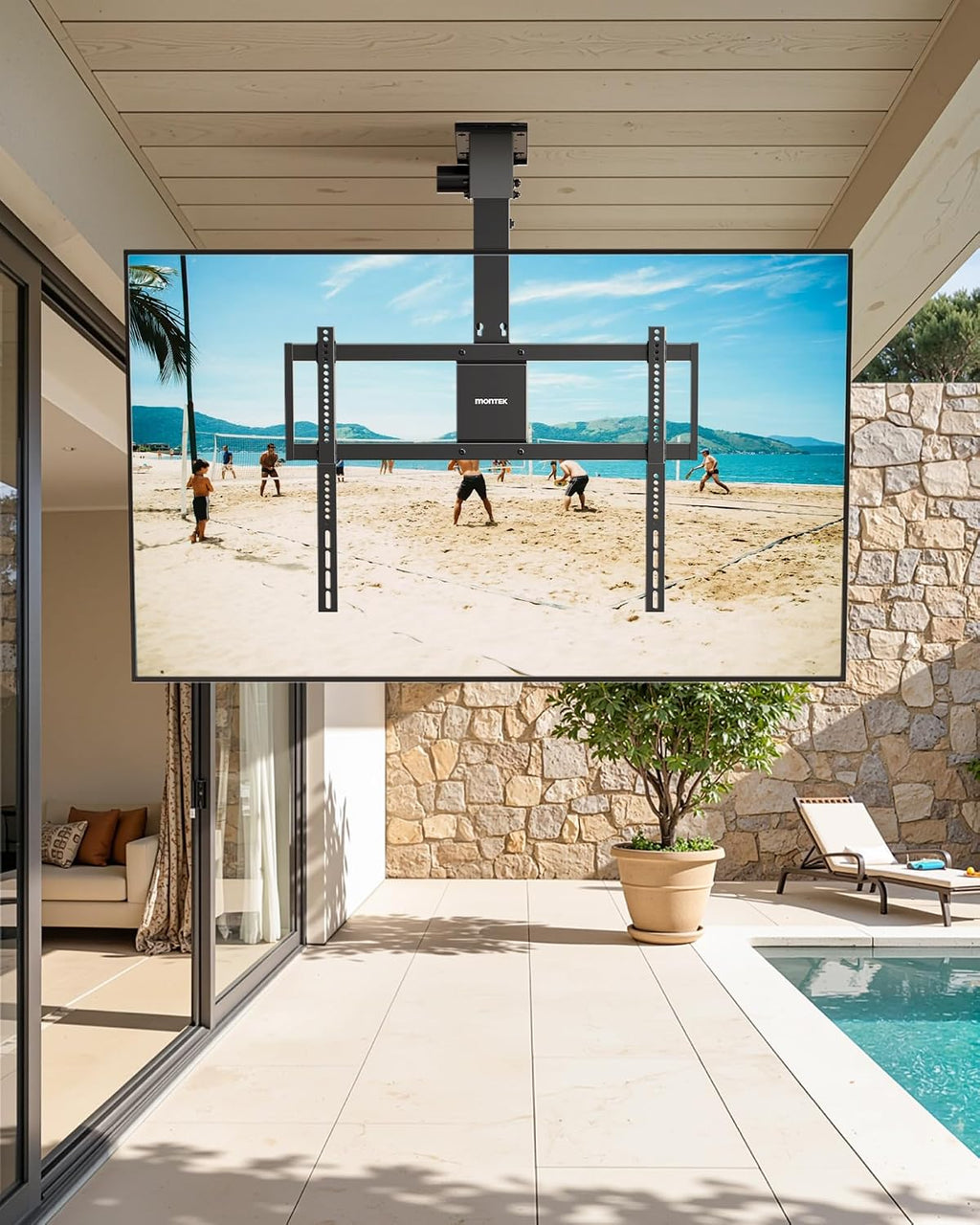 monTEK Motorized Ceiling TV Mount for 43-86 Inch TVs, Heavy-Duty 121lbs (4X Load Tested), Off-Center VESA Compatible, Electric Flip Down with Remote/App/Voice Control, Fits Flat & Pitched Roof