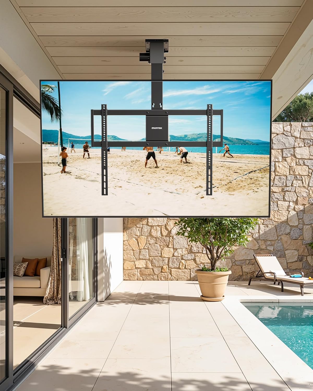 monTEK Motorized Ceiling TV Mount for 43-86 Inch TVs, Heavy-Duty 121lbs (4X Load Tested), Off-Center VESA Compatible, Electric Flip Down with Remote/App/Voice Control, Fits Flat & Pitched Roof