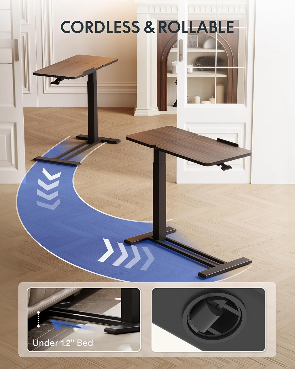 FLEXISPOT Adjustable Height C-Shaped End Table with Split Tilting Top – Mobile Side Table for Sofa & Bedside, Slides Under Furniture, Hidden Wheels for Small Spaces(31.6' W x 15.7' D,Dark Walnut)