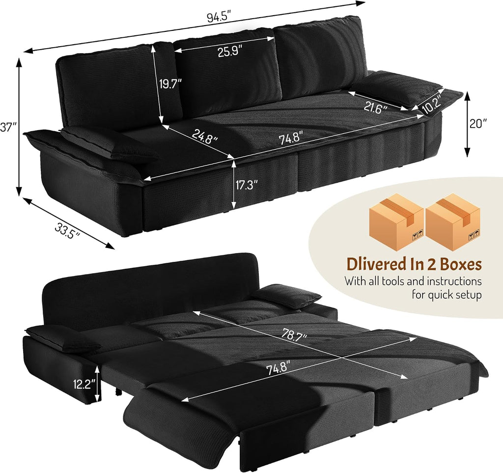 94.5'' King Size Sleeper Sofa Bed, 3-in-1 Corduroy 3-Seater Sofabed, Pull-Out Couch, Upholstered Cloud Pullout Futon, Space Saving for Living Room, Black