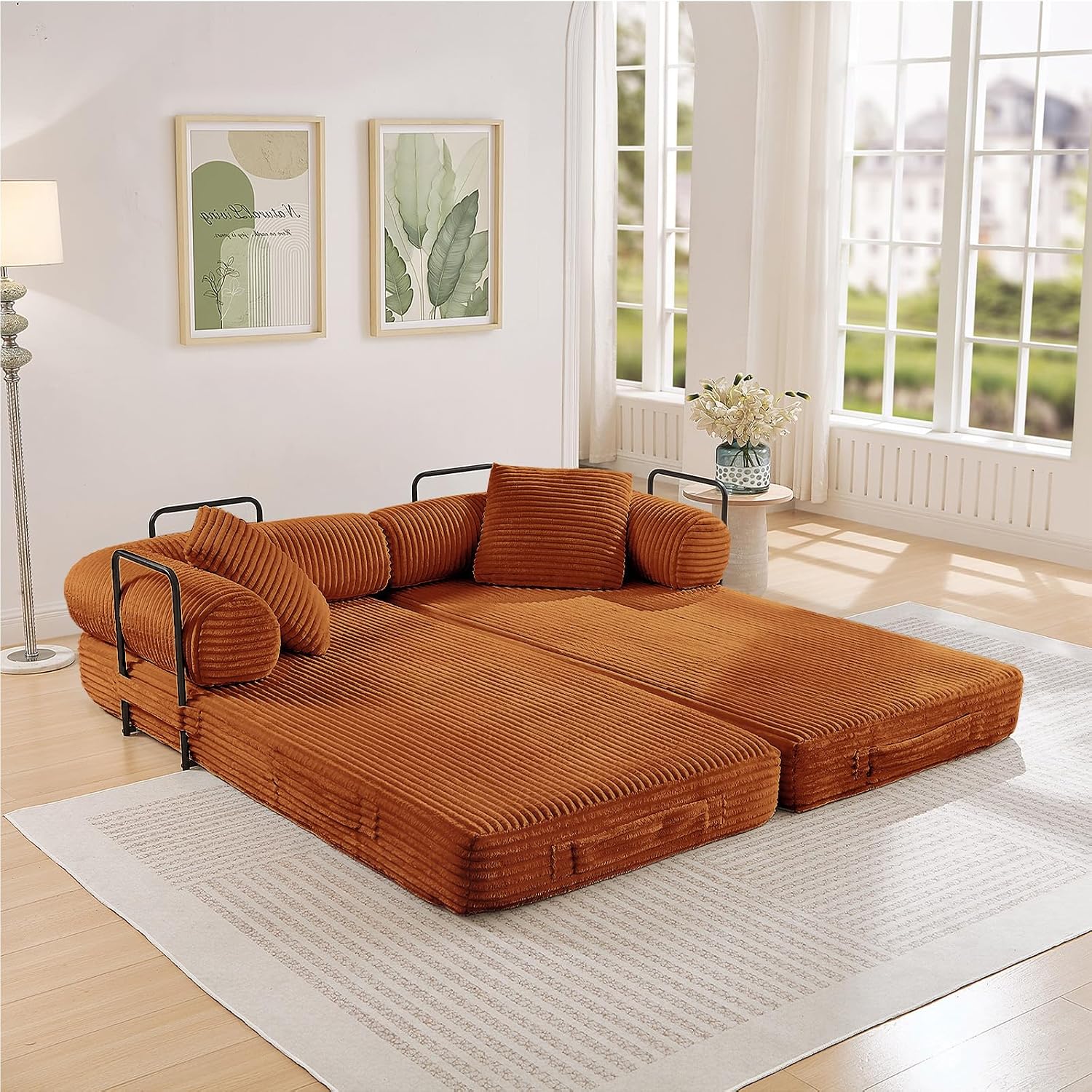 Antetek Modular Couch Bed, Convertible Folding Plush Corduroy Comfy Floor Compression Loveseat Sleeper Sofa Couch, King Size Bed for Guest Room Living Room Bedroom, No Assembly Required, Orange