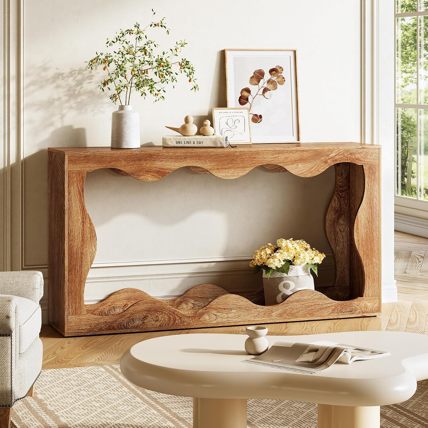 LITTLE TREE 63-Inch Console Table, Chic Design, Sofa Table Behind Couch, Farmhouse Console with Build-in Storage Space for Entryway, Living Room, Hallway