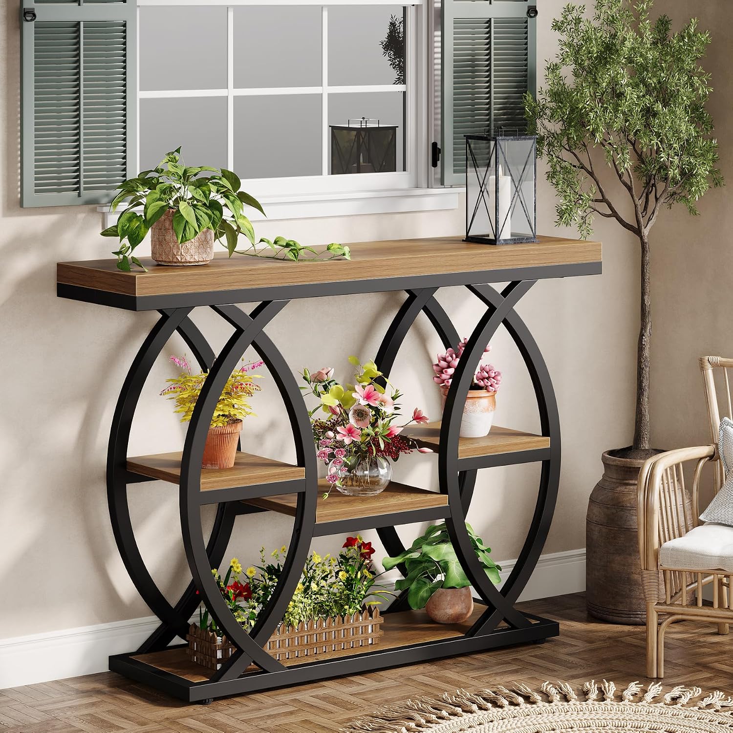 Tribesigns 39.4' Console Table, Industrial 4-Tier Sofa Table Entryway Table with Storage Shelves, Narrow Wood Accent Tables with Metal Frame for Small Spaces, Hallway, Foyer, Brown
