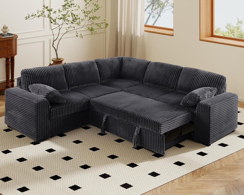 Yafylly 91' L-Shaped Sectional Sofa Bed with Recliner, Pull-Out Sleeper & Chaise Lounge, Convertible Corduroy Sofa for Apartment Living Room, Bedroom Dark Grey