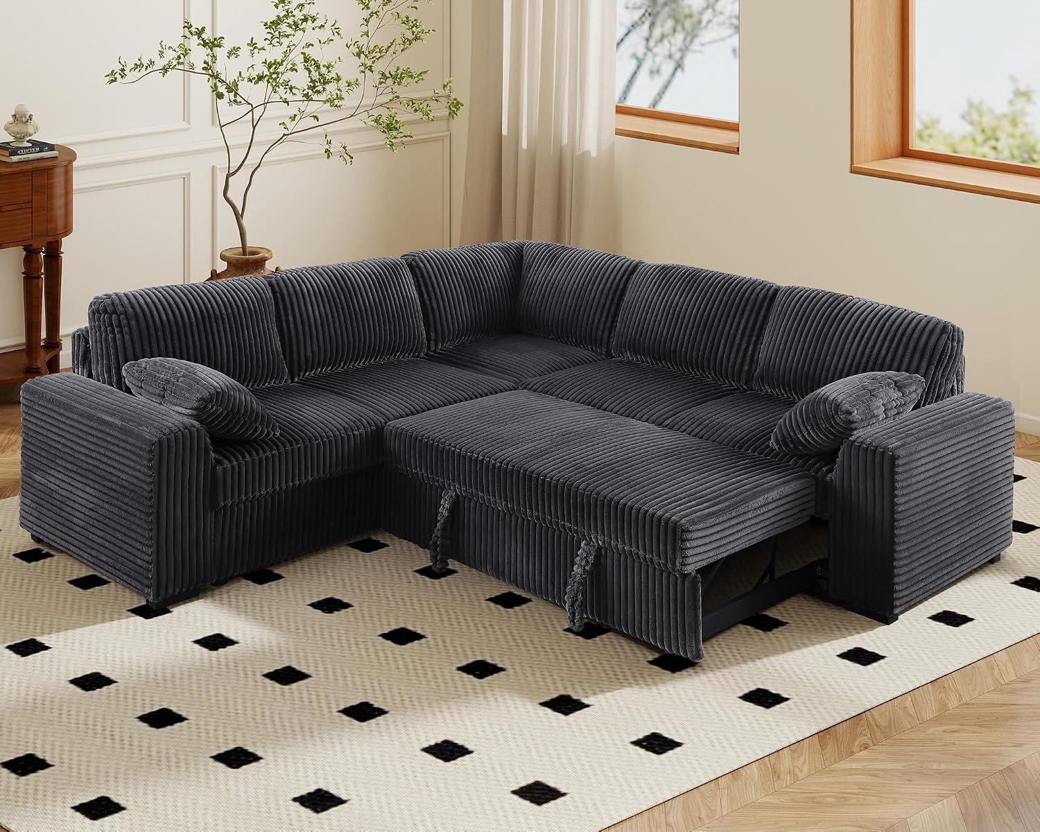 Yafylly 91' L-Shaped Sectional Sofa Bed with Recliner, Pull-Out Sleeper & Chaise Lounge, Convertible Corduroy Sofa for Apartment Living Room, Bedroom Dark Grey