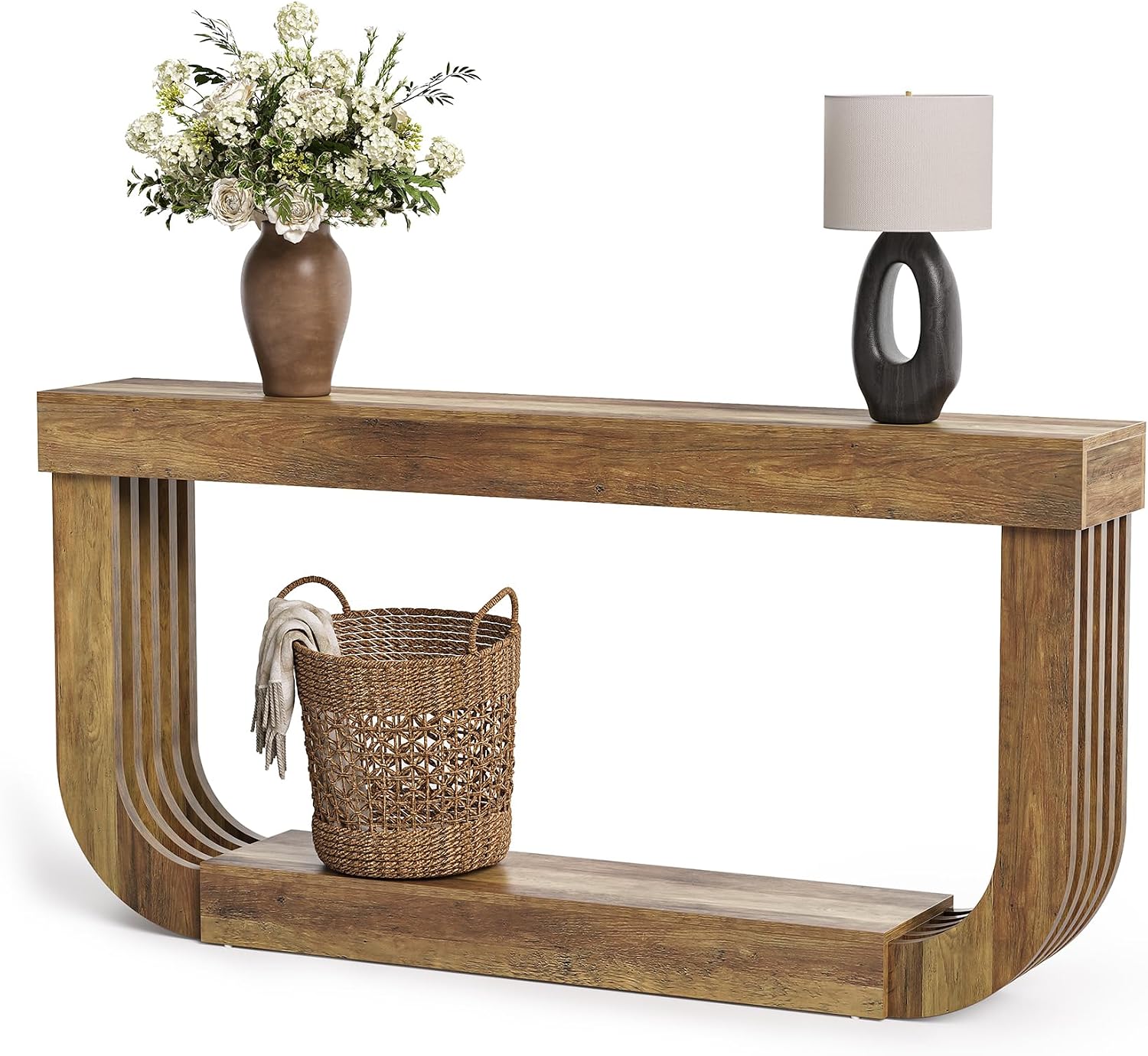 LITTLE TREE 70.9-Inch Extra Long Narrow Console Table, 2-Tier Brown Wooden Sofa Table for Living Room, Large Hallway Foyer Table with Heavy Duty U-Shaped Pedestal