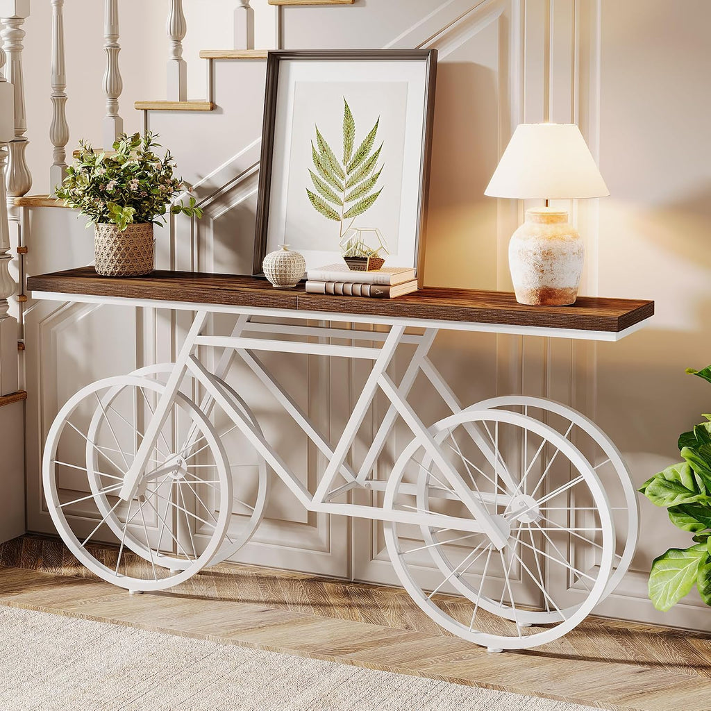 Tribesigns 70.9-Inch Extra Long Console Table, Narrow Sofa Table with Bicycle Metal Base, Modern Industrial Entryway Table for Living Room, Hallway, Entrance, Foyer, Rustic Brown & White