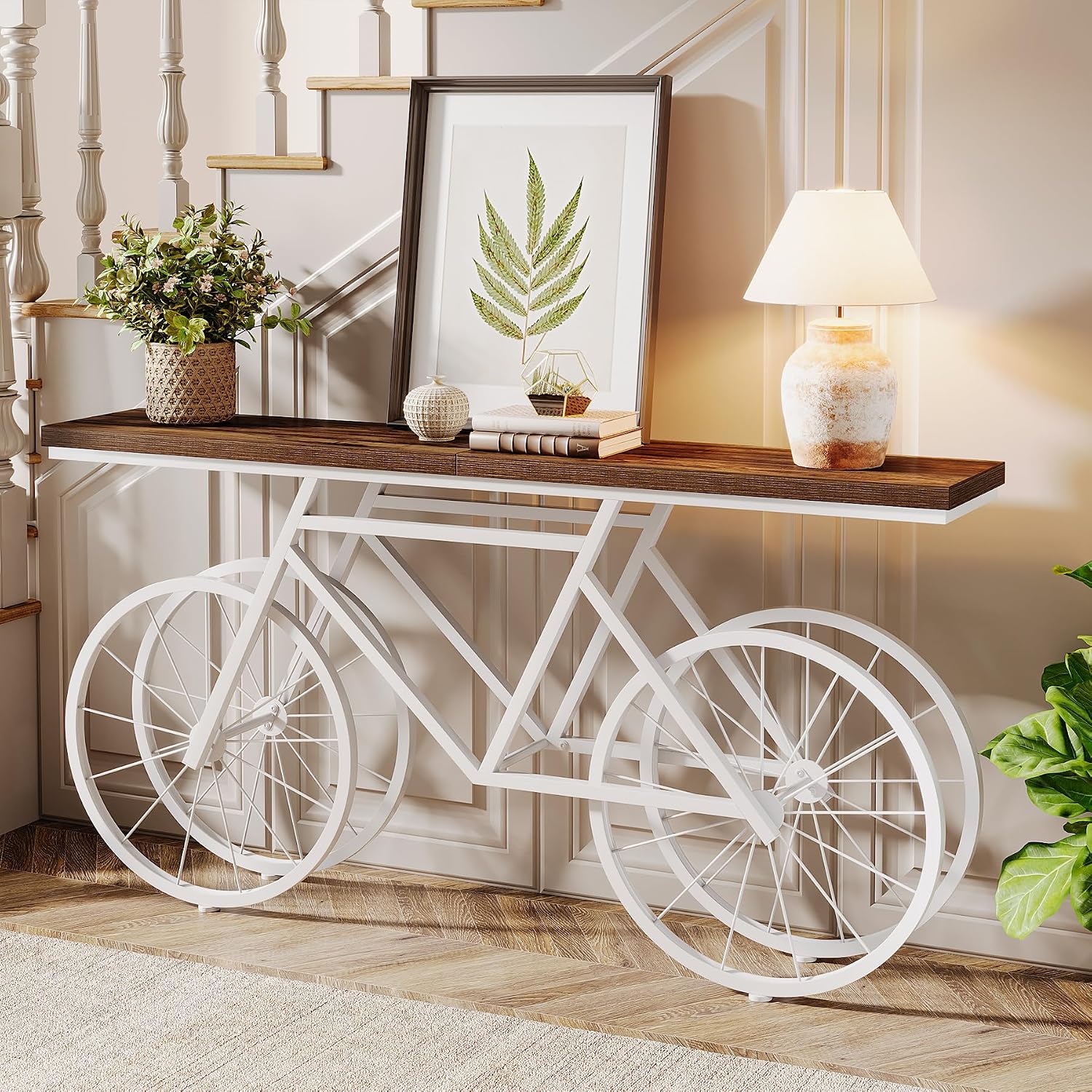 Tribesigns 70.9-Inch Extra Long Console Table, Narrow Sofa Table with Bicycle Metal Base, Modern Industrial Entryway Table for Living Room, Hallway, Entrance, Foyer, Rustic Brown & White