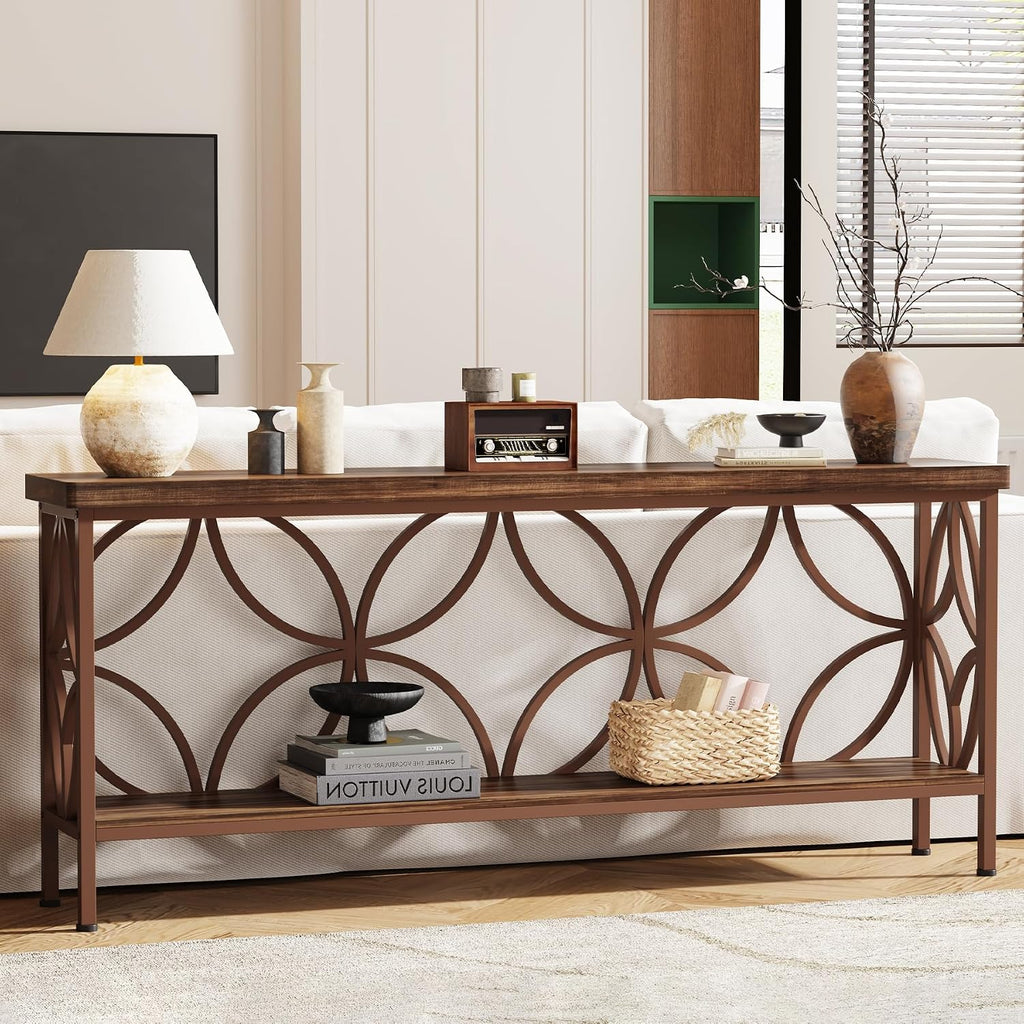 Tribesigns 70.9-Inch Narrow Sofa Table, 2-Tier Industrial Console Table Behind Couch, Long Entry Tables with Storage for Entryway, Living Room, Foyer, Hallway, Glossy Brown