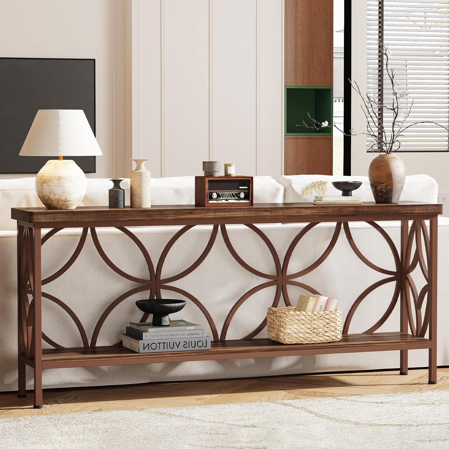Tribesigns 70.9-Inch Narrow Sofa Table, 2-Tier Industrial Console Table Behind Couch, Long Entry Tables with Storage for Entryway, Living Room, Foyer, Hallway, Glossy Brown
