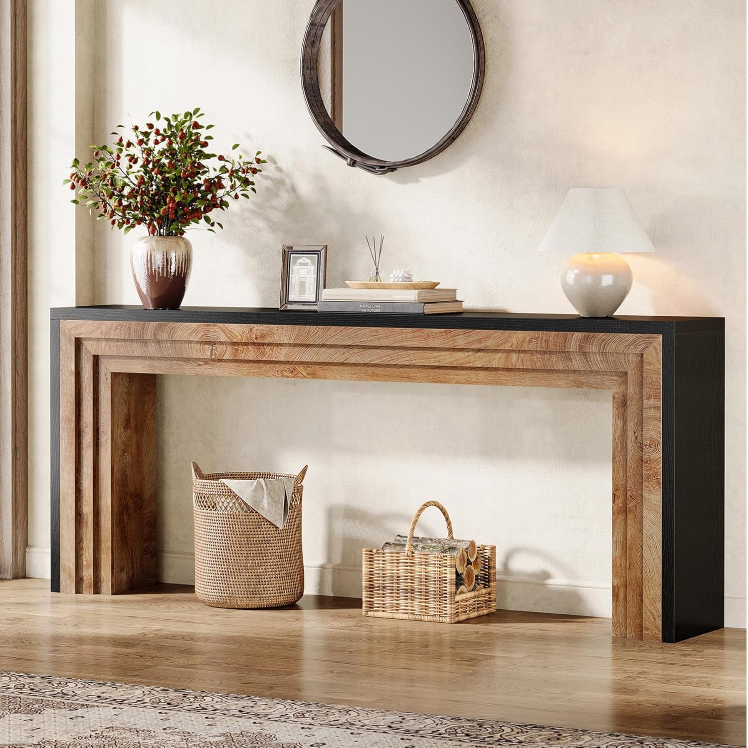 Tribesigns 70.9-Inch Long Console Table, Farmhouse Narrow Wooden Sofa Table Behind The Couch for Living Room, Entryway, Hallway, Foyer, Black + Natural Wood Color