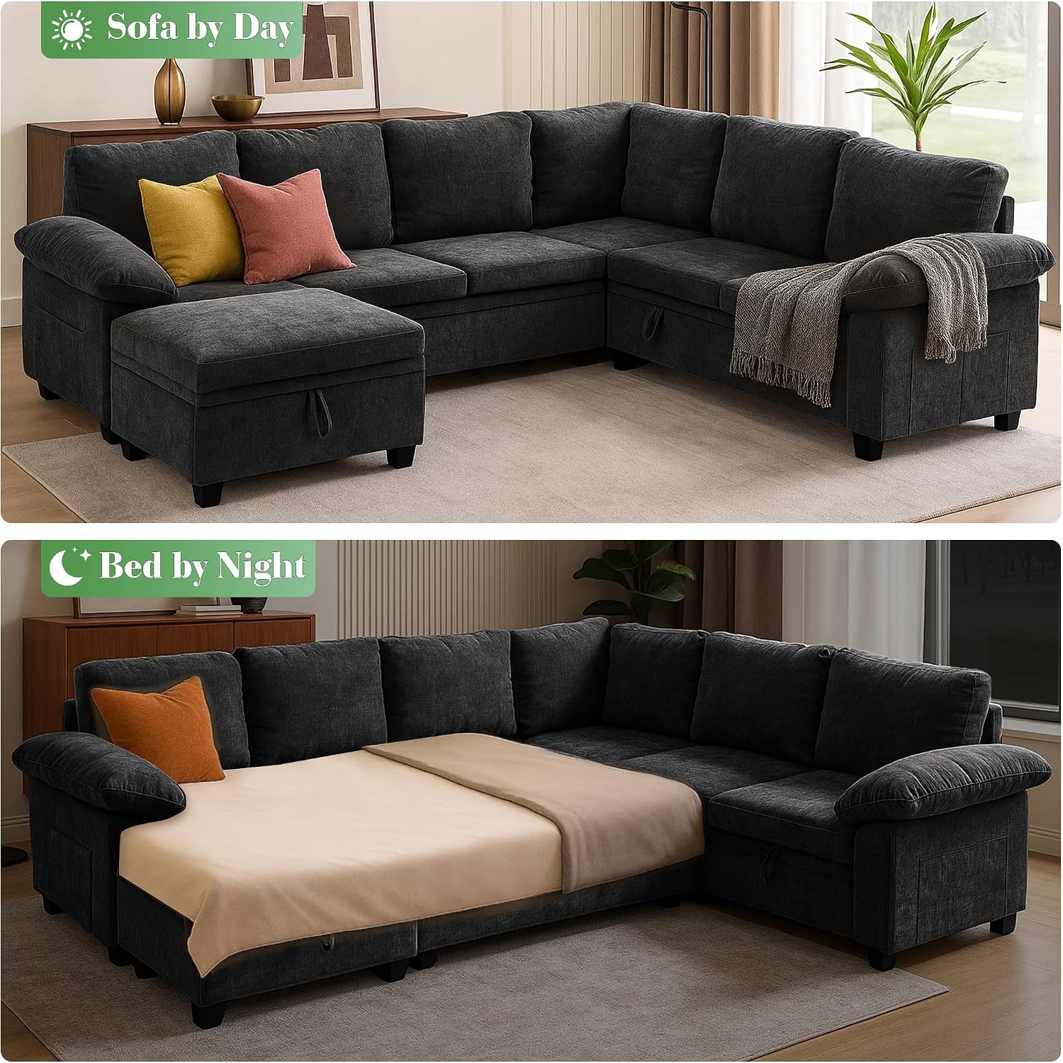 Modular Sectional Sofa Sectional Couches for Living Room with Pull Out Bed Sleeper Sofa L Shaped with Storage, Convertible Sofa Bed with Removable Sofa Cover(7 Seats Black)
