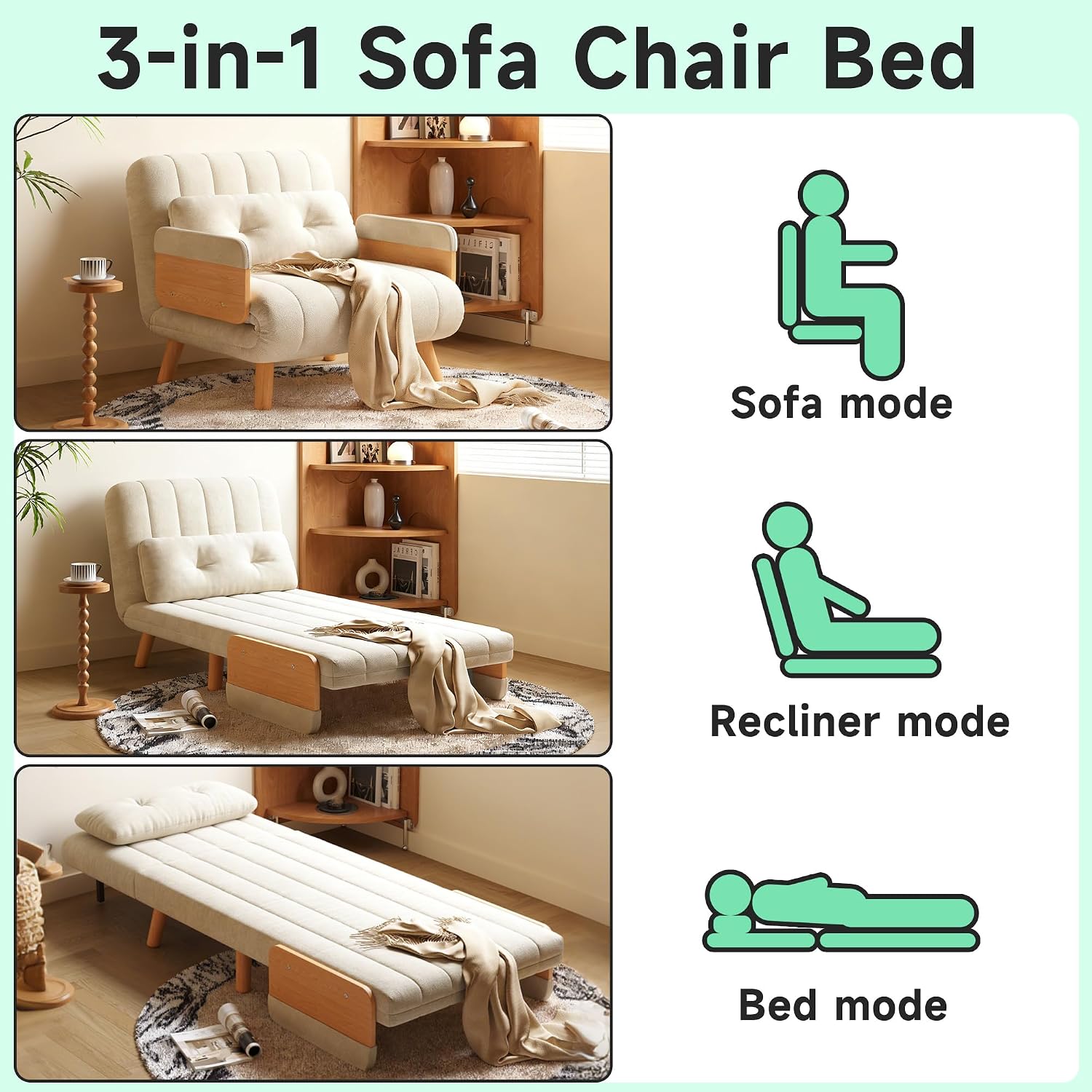 Convertible Lounger Fold-Out Sofa Bed, 3-in-1 Sleeper Sofa，Adjustable Backrest, Modern-Style Sofa for Small Spaces, Bedrooms & Offices(Beige,35.43)