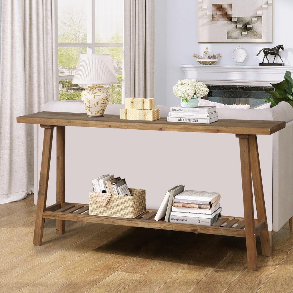 HOKYHOKY Reclaimed Solid Wood Console Table, 59' Long Farmhouse Entryway Tables, Rectangular Couch Table Behind Sofa, 2 Tiers Accent Tables for Hallway, Entrance, Foyer, Living Room