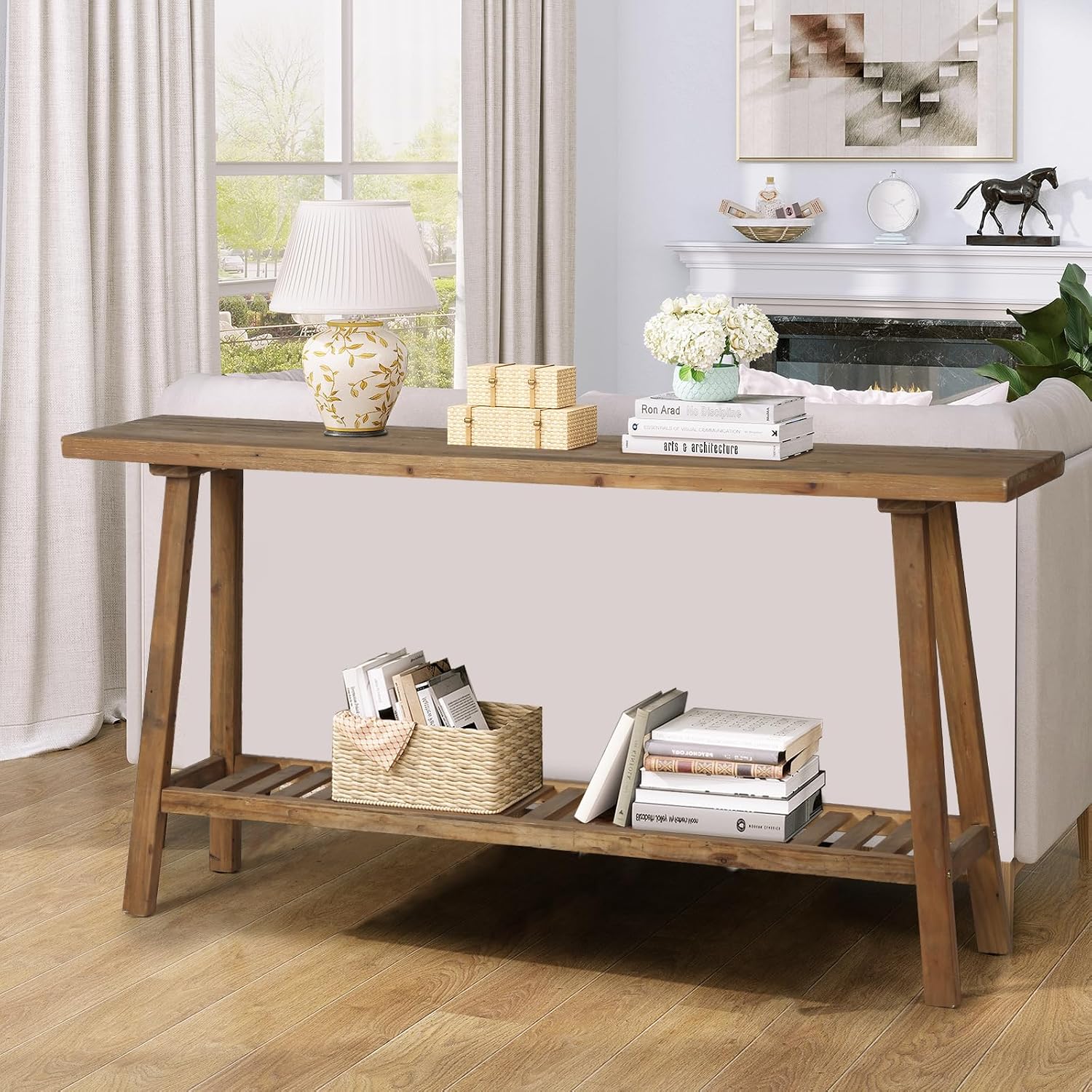 HOKYHOKY Reclaimed Solid Wood Console Table, 59' Long Farmhouse Entryway Tables, Rectangular Couch Table Behind Sofa, 2 Tiers Accent Tables for Hallway, Entrance, Foyer, Living Room