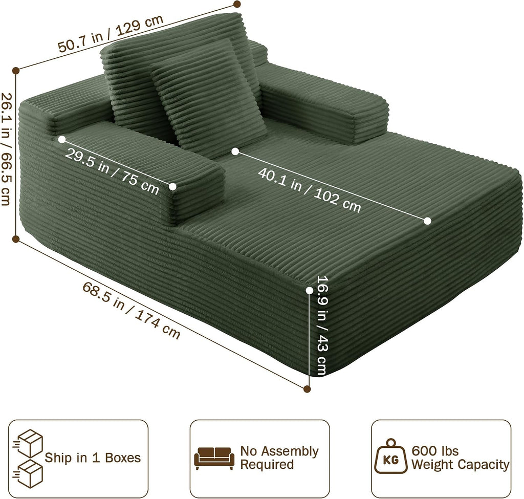 68.5' Oversized Chaise Lounge Chair Indoor, Boneless Sleeper Sofa Bed with Pillows, Deep Seat Sleeper Couch Reading Chairs, Cloud Sofas Couches for Living Room, No Assembly Required