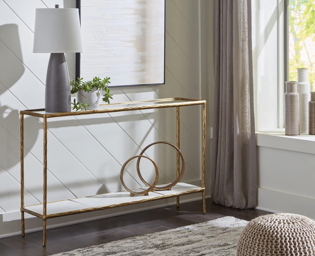 Signature Design by Ashley Ryandale Console Sofa Table, Glass Tabletop, White Marble Lower Shelf, Sand Casted Aluminum, 52' W x 12.5' D x 32.75' H, Antique Brass Finish