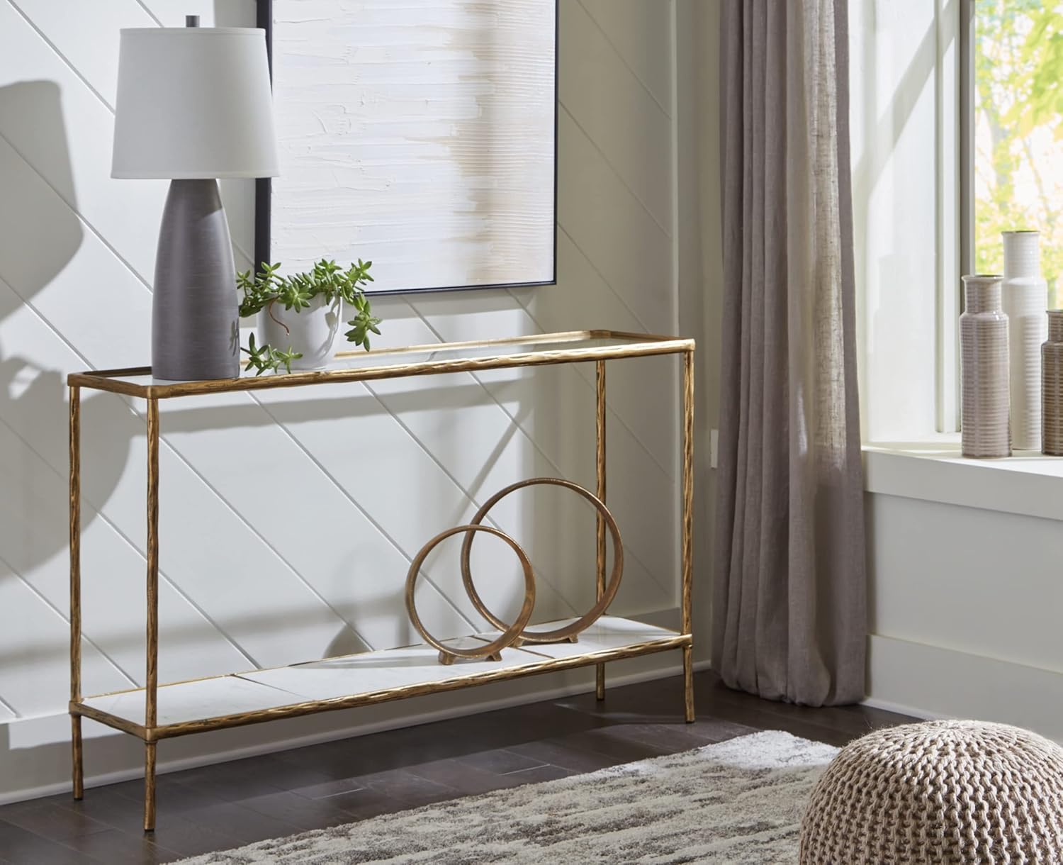 Signature Design by Ashley Ryandale Console Sofa Table, Glass Tabletop, White Marble Lower Shelf, Sand Casted Aluminum, 52' W x 12.5' D x 32.75' H, Antique Brass Finish
