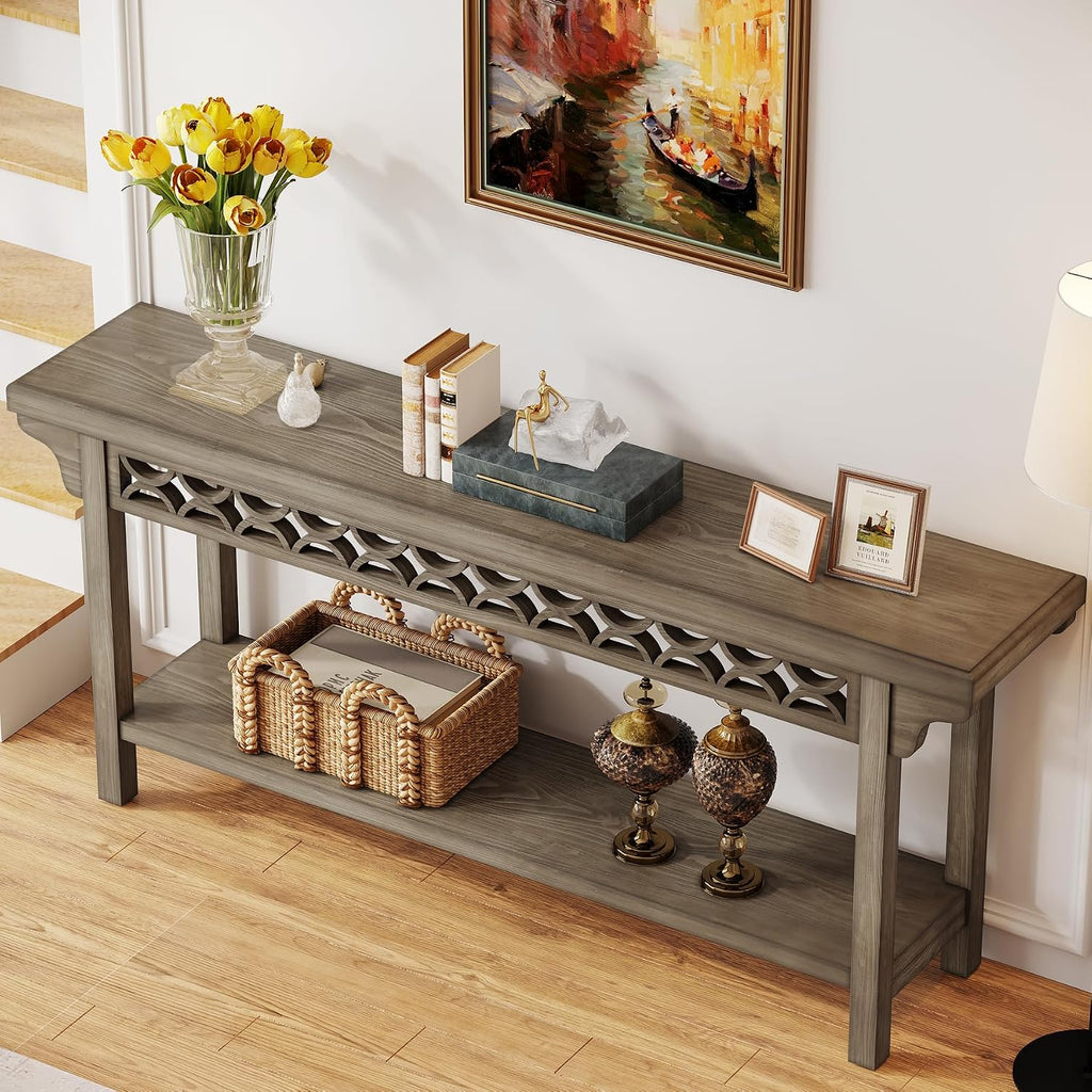 Tribesigns 70.8-Inch Solid Wood Long Console Table, Farmhouse Entryway Table with Storage, Narrow Sofa Table Grey Couch Table for Living Room Entryway Hallway (Gray)