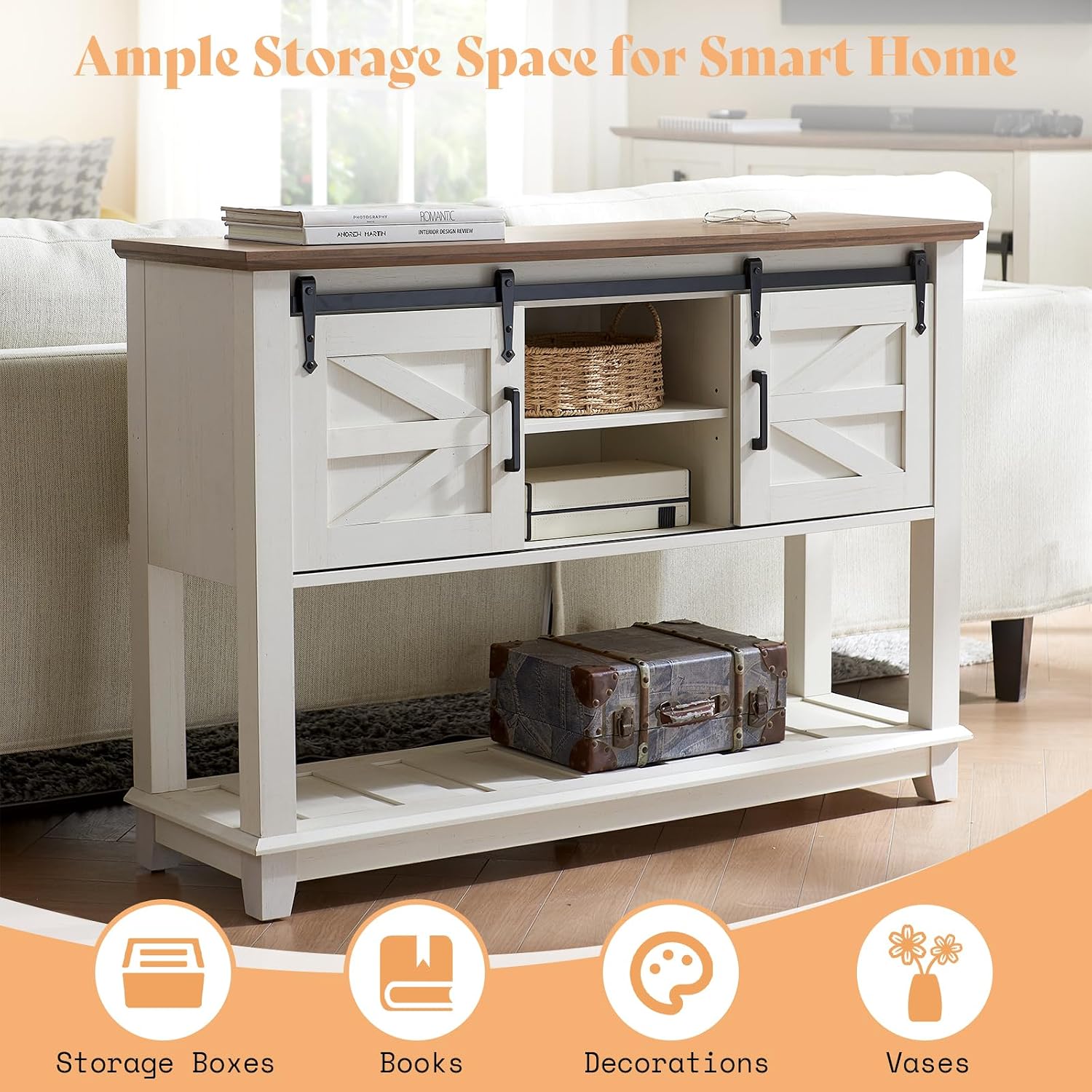 AMERLIFE Sofa Table with Sliding Barn Doors, TV Console Table, 46' Farmhouse Rustic Storage Entryway Table, Adjustable Open Shelves, Hallway, Living Room, Bedroom, Antique White