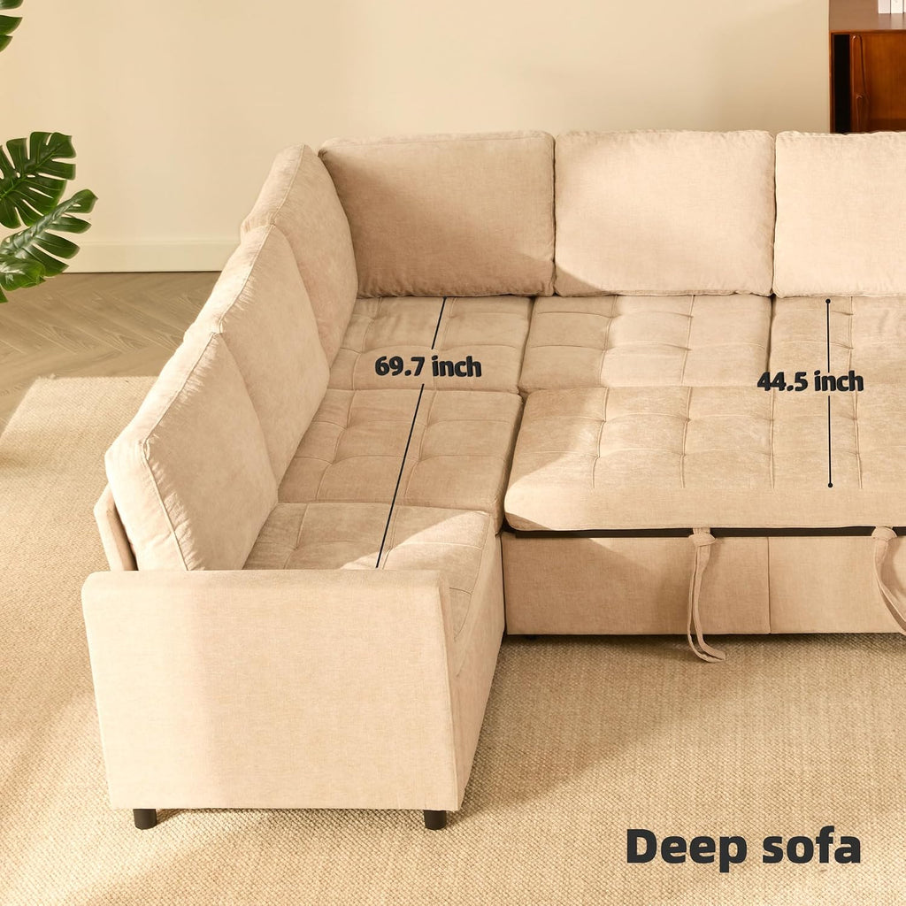 GOSUHI 107' Sleeper Sofa, Set of Modular Pieces with Pull Out Bed, U Shaped Sectional Couch with Storage, Extra Wide&Deep Seat Couches for Living Room, Removable Sofa Cover, Chenille-Flat White