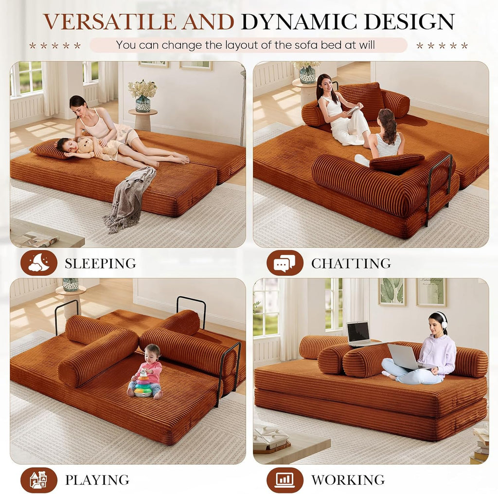 Antetek Modular Couch Bed, Convertible Folding Plush Corduroy Comfy Floor Compression Loveseat Sleeper Sofa Couch, King Size Bed for Guest Room Living Room Bedroom, No Assembly Required, Orange