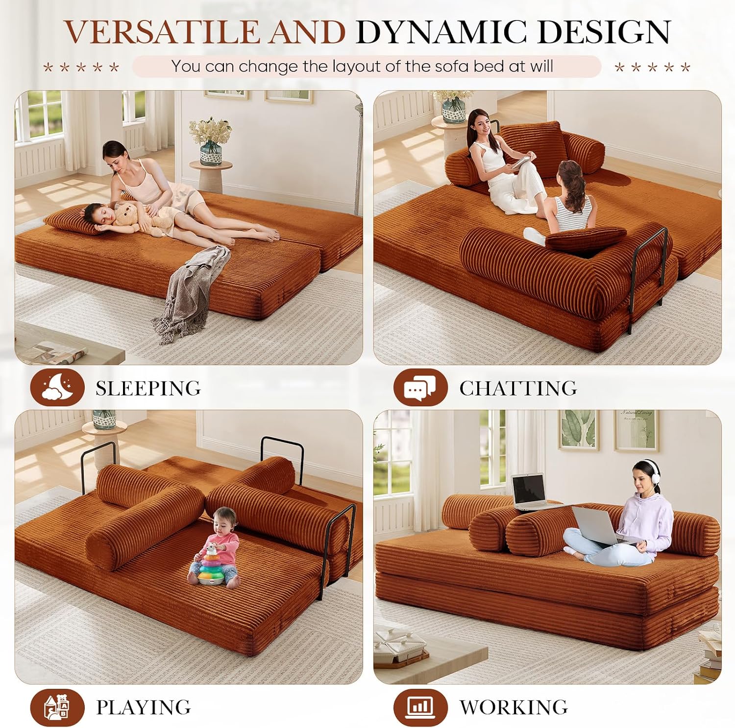 Antetek Modular Couch Bed, Convertible Folding Plush Corduroy Comfy Floor Compression Loveseat Sleeper Sofa Couch, King Size Bed for Guest Room Living Room Bedroom, No Assembly Required, Orange