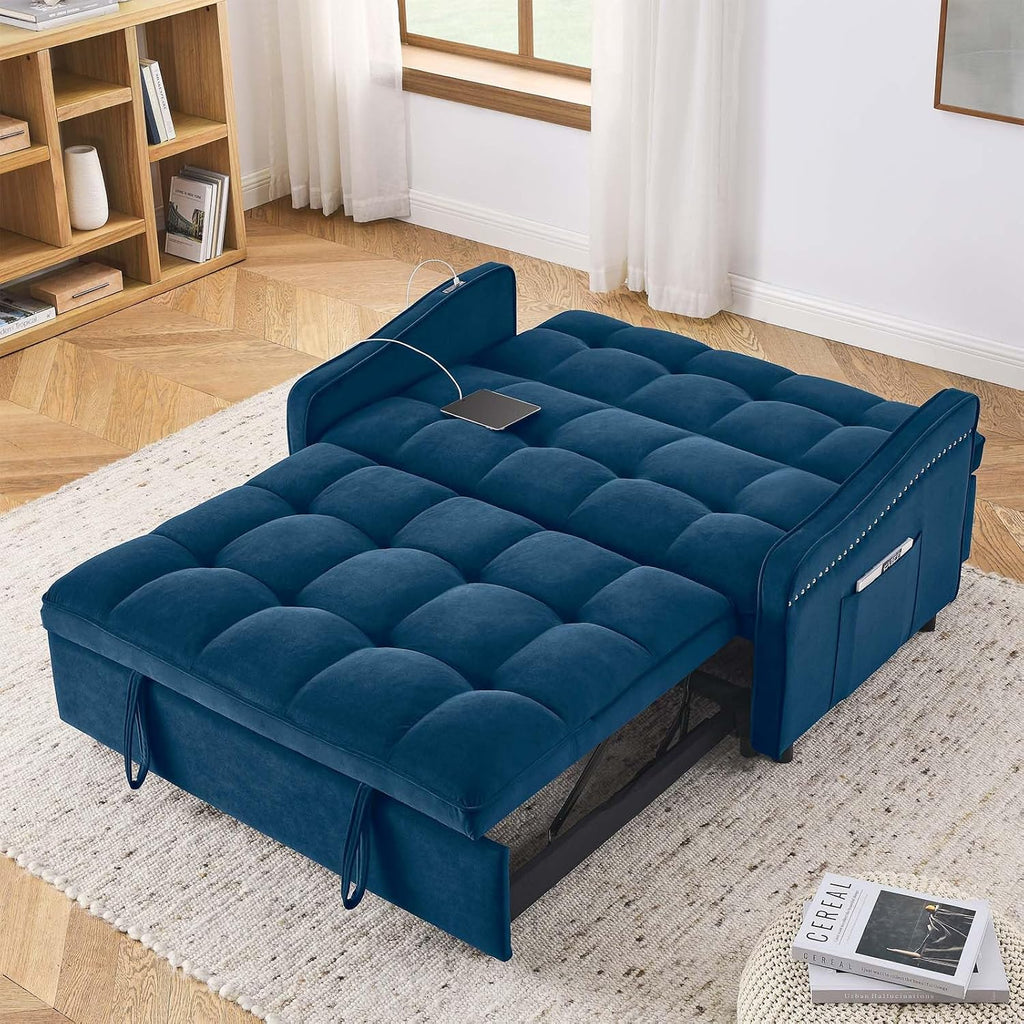 Antetek 3 in 1 Sleeper Sofa Couch Bed with USB & Type C Port, 52' Small Modern Convertible Tufted Velvet Loveseat Sofa w/Pull Out Bed for Living Room Small Space Apartment, Blue