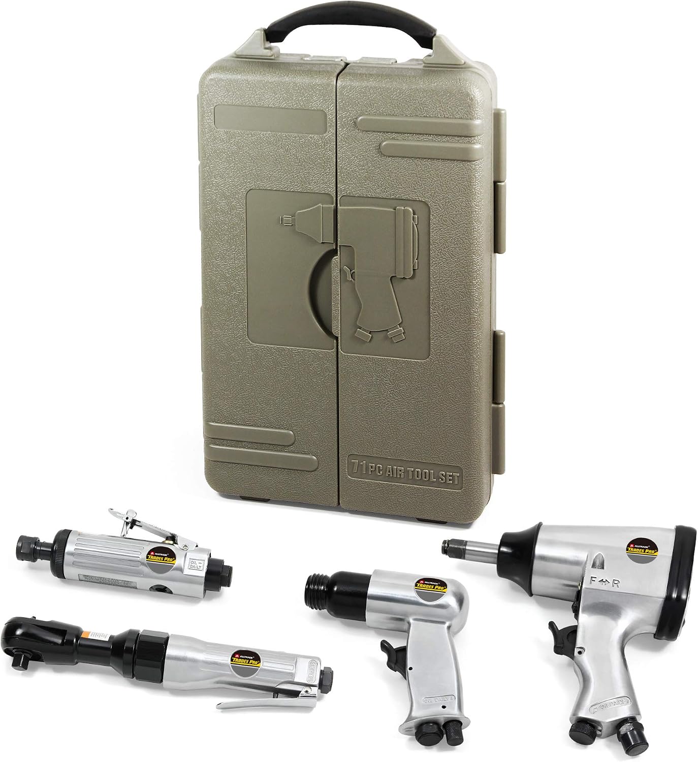 Trades Pro Air Tool and Accessories Kit, 71 Piece, Impact Wrench, Air Ratchet, Die Grinder, Aire Hammer, Hose Fittings, Storage Case - 836668