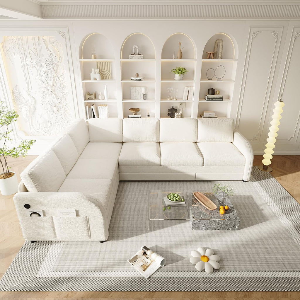 ITVZ King Size Sleeper Sofas Convertible Couches, White L Shaped Sectional Couch with Pull Out Bed, Oversized 6-Seat Sectional Sofa with Convert Left/Right Facing and USB Port for Living Room