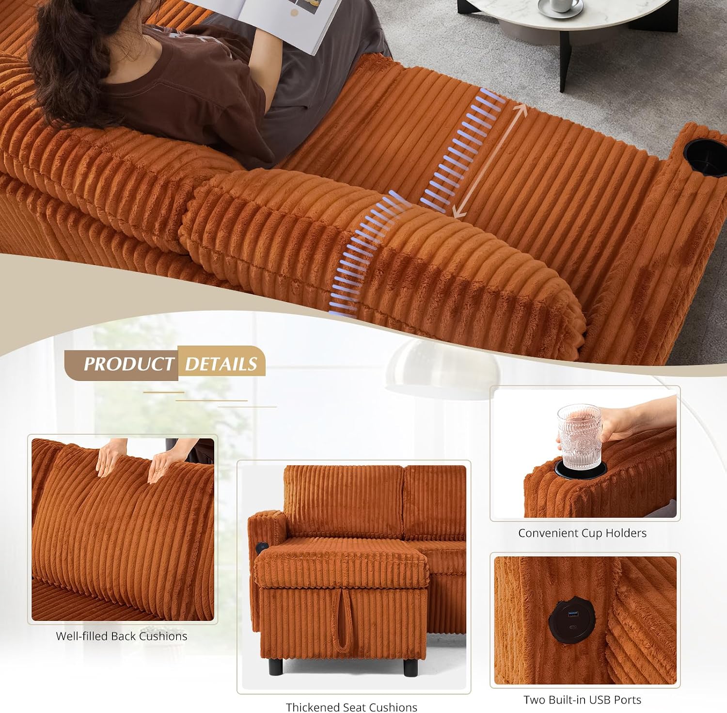 84' Corduroy Sectional Sleeper Sofa Bed w/Adjustable Backrests & USB Charging Port, L-Shape Couch Bed w/Storage Chaise, Convertible 3 Seater Sofa w/Cup Holders for Living Room, House, Orange