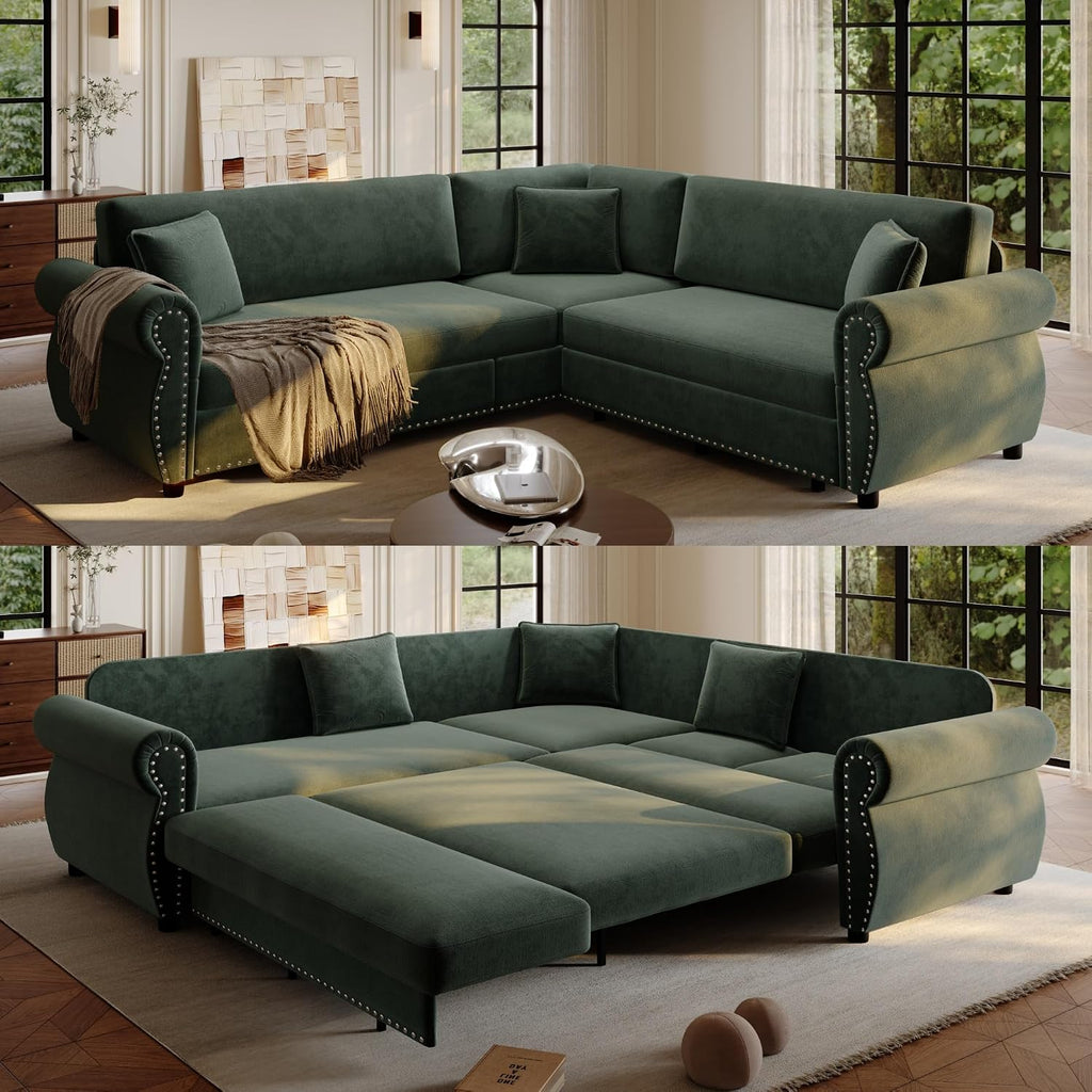 88.2' Pull Out Couch Bed King, L Shaped Convertible Sleeper Sofa, 4-Seater Couches with Rivet Armrests, 3 Pillows, Chenille Upholstery, Futon Sofa Bed for Living Room, Apartment, Office, Green