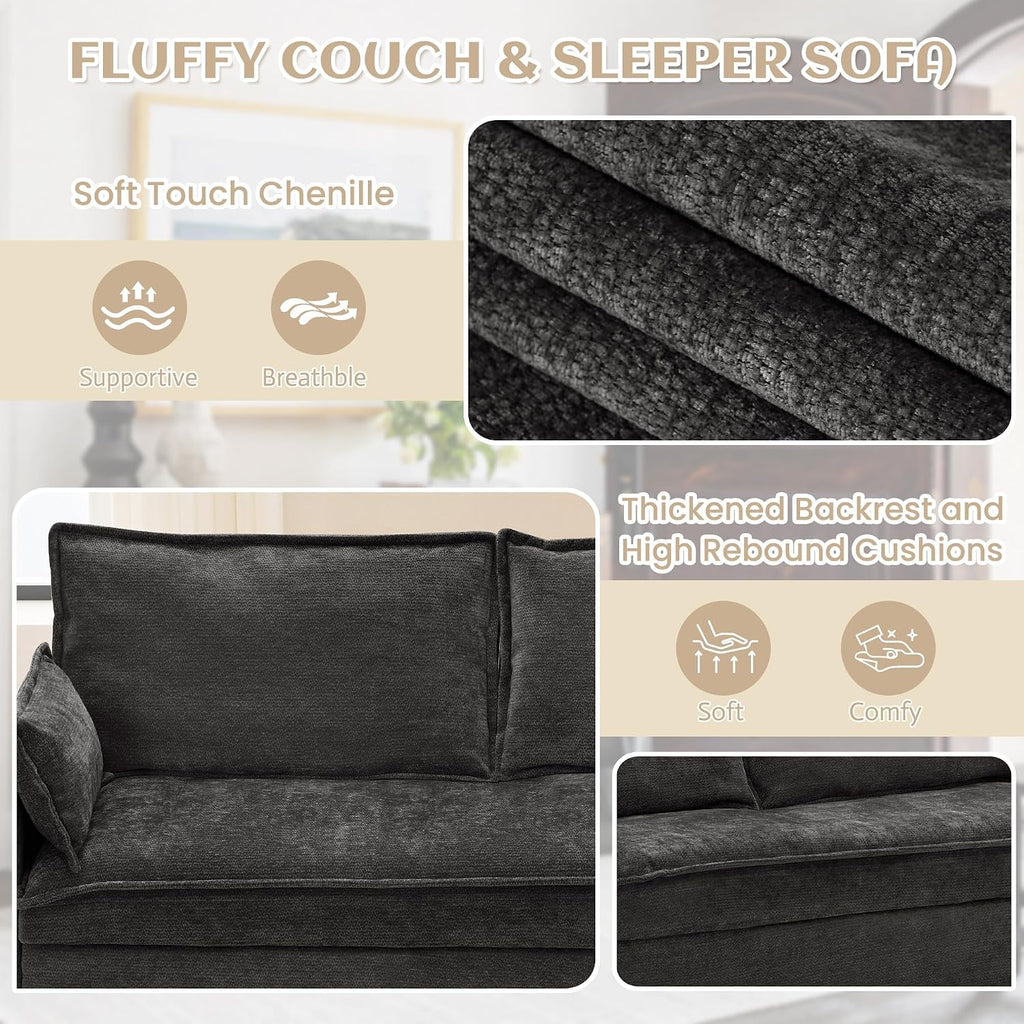 SUNWAVE 60' Queen Pull Out Sofa Bed - Convertible Sleeper Sofa Bed, Chenille Loveseat Pull Out Couch with USB Charging, Side Pockets for Living Room, Bedroom, Small Spaces(Ink, 60')