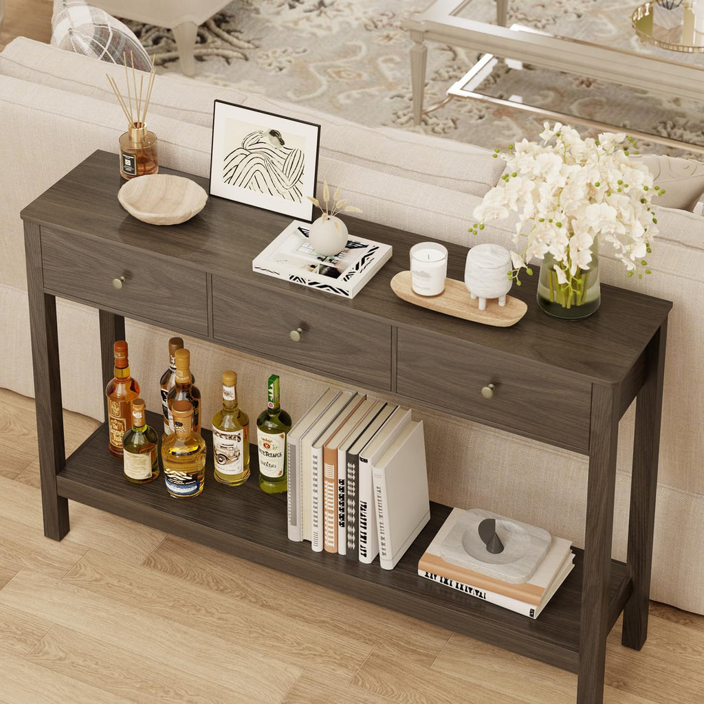 Gizoon Sofa Table with 3 Drawers, Modern Accent Console Table with Open Shelf, Large Storage Space, for Living Room, Front Hall, Entrance Hall, Study Room, Dark Brown