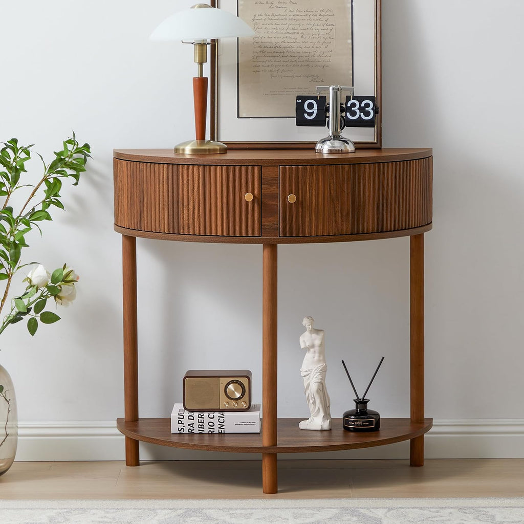 XUZENEST Fluted Half Moon Console Table, Modern Small Entry Sofa Table with Storage, Solid Wood Legs Narrow Entryway Table for Living Room, Hallway, Foyer(Walnut)