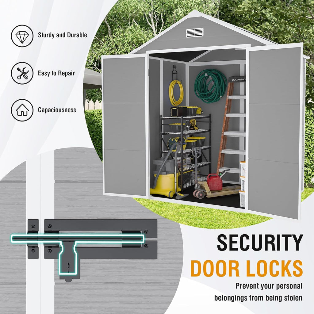 6 x 5 FT Resin Outdoor Storage Shed, Plastic Garden Shed with Floor, Large Storage Space, Lockable Doors & Windows, Plastic Tool Shed, 12mm Thick PP Board (6X5 FT)