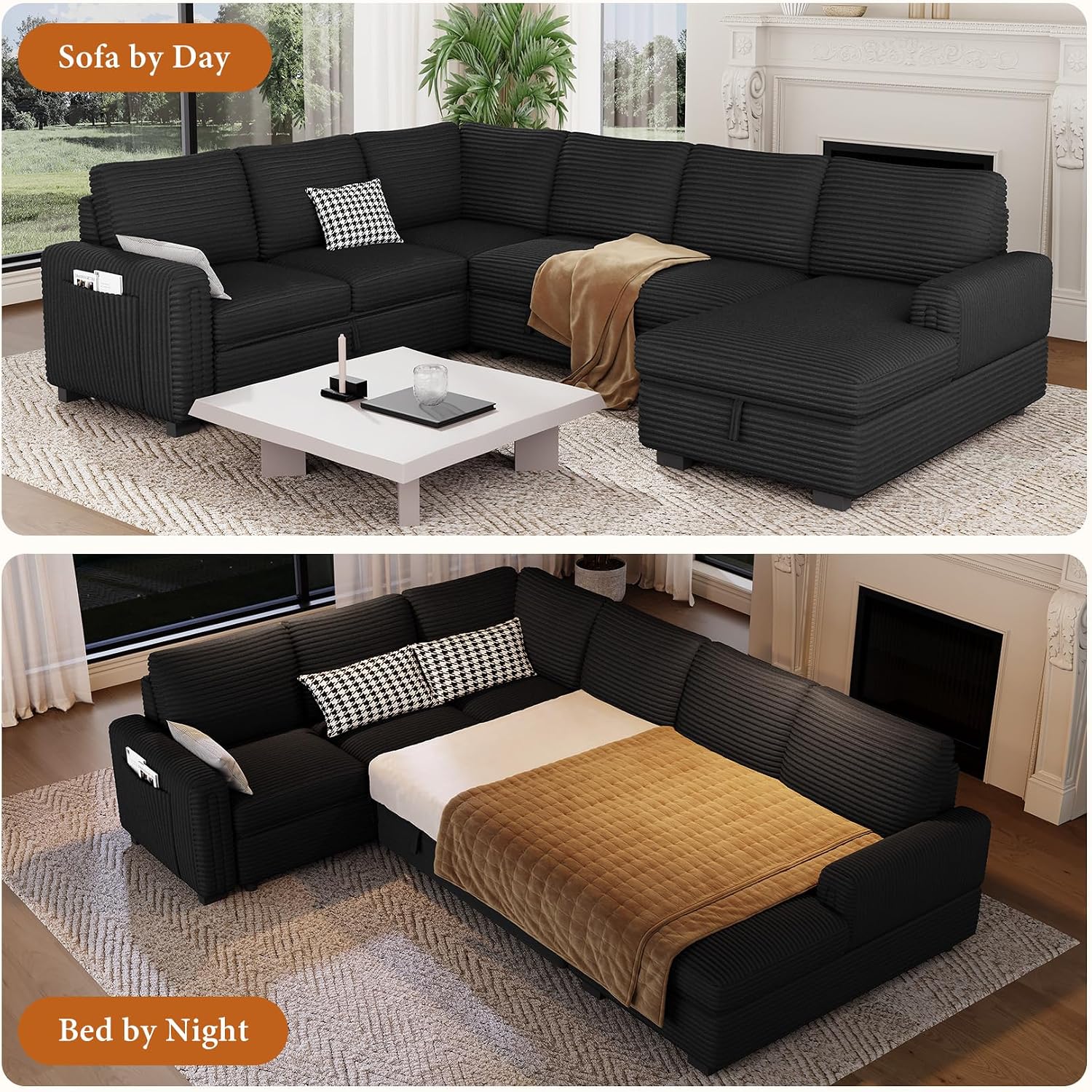 Vesgantti 113.6' Modular Sectional Sofa with Pull Out Couch Bed, 7 Seater U Shaped Sleeper Sofa with Storage Chaise, Corduroy Sectional Couch for Living Room, Bedroom, Apartment, Black